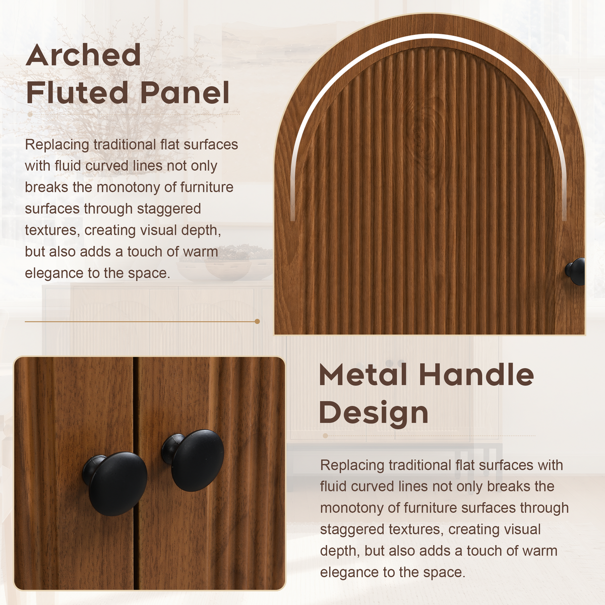 Brafabhome Modern Fluted Arched Buffet Cabinet with Storage, 31.5" Wide Wooden Modular Sideboard Cabinet with Adjustable footpads for Living Room Dining Room