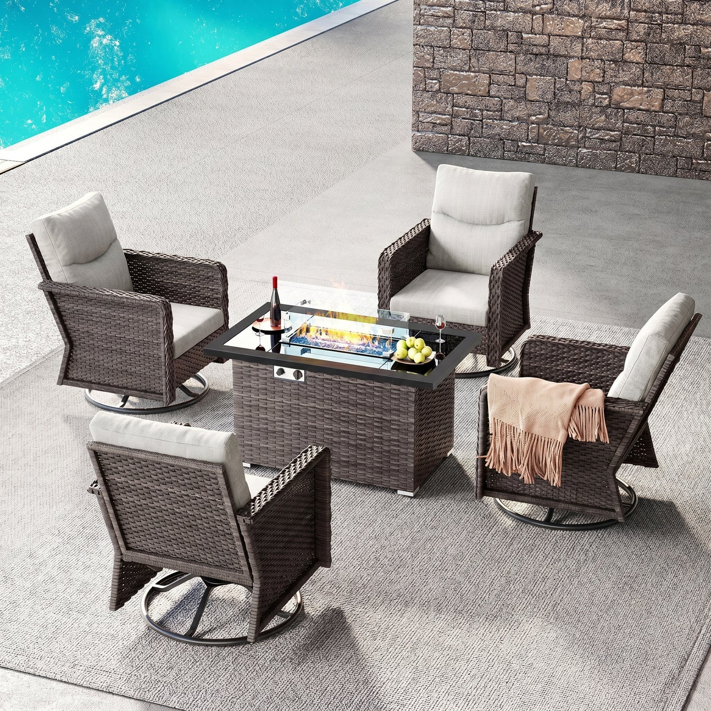 Brafab Patio Furniture Sets with Swivel Chairs and Fire Pit Table Outdoor Conversation Set for Garden