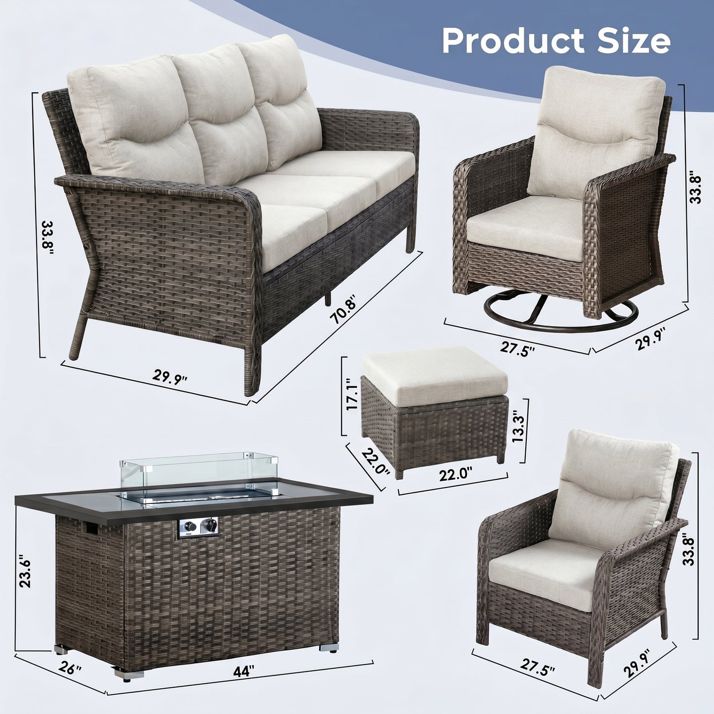 Brafab Patio Furniture Sets with Swivel Chairs and Fire Pit Table Outdoor Conversation Set for Garden
