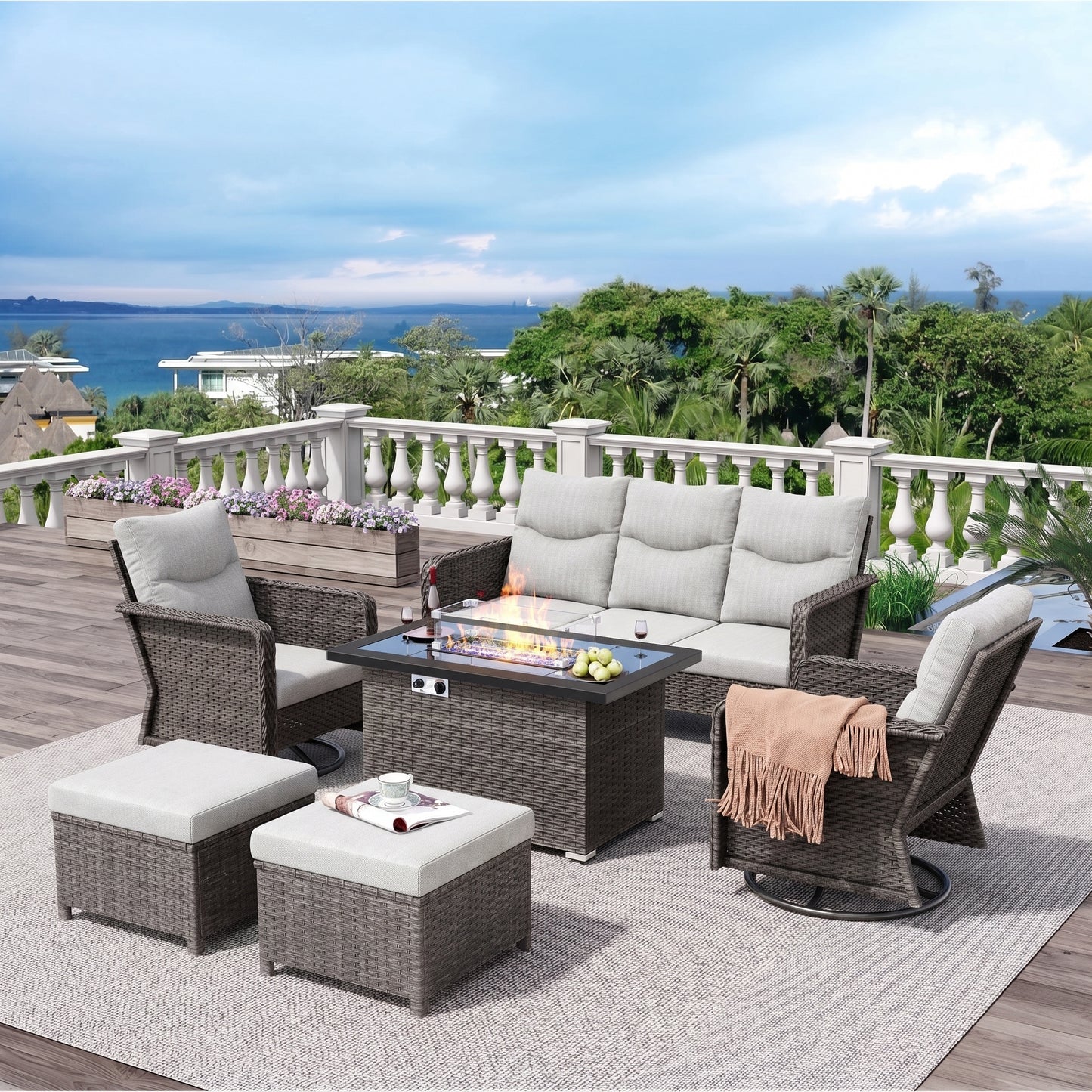 Brafab Patio Furniture Sets with Swivel Chairs and Fire Pit Table Outdoor Conversation Set for Garden