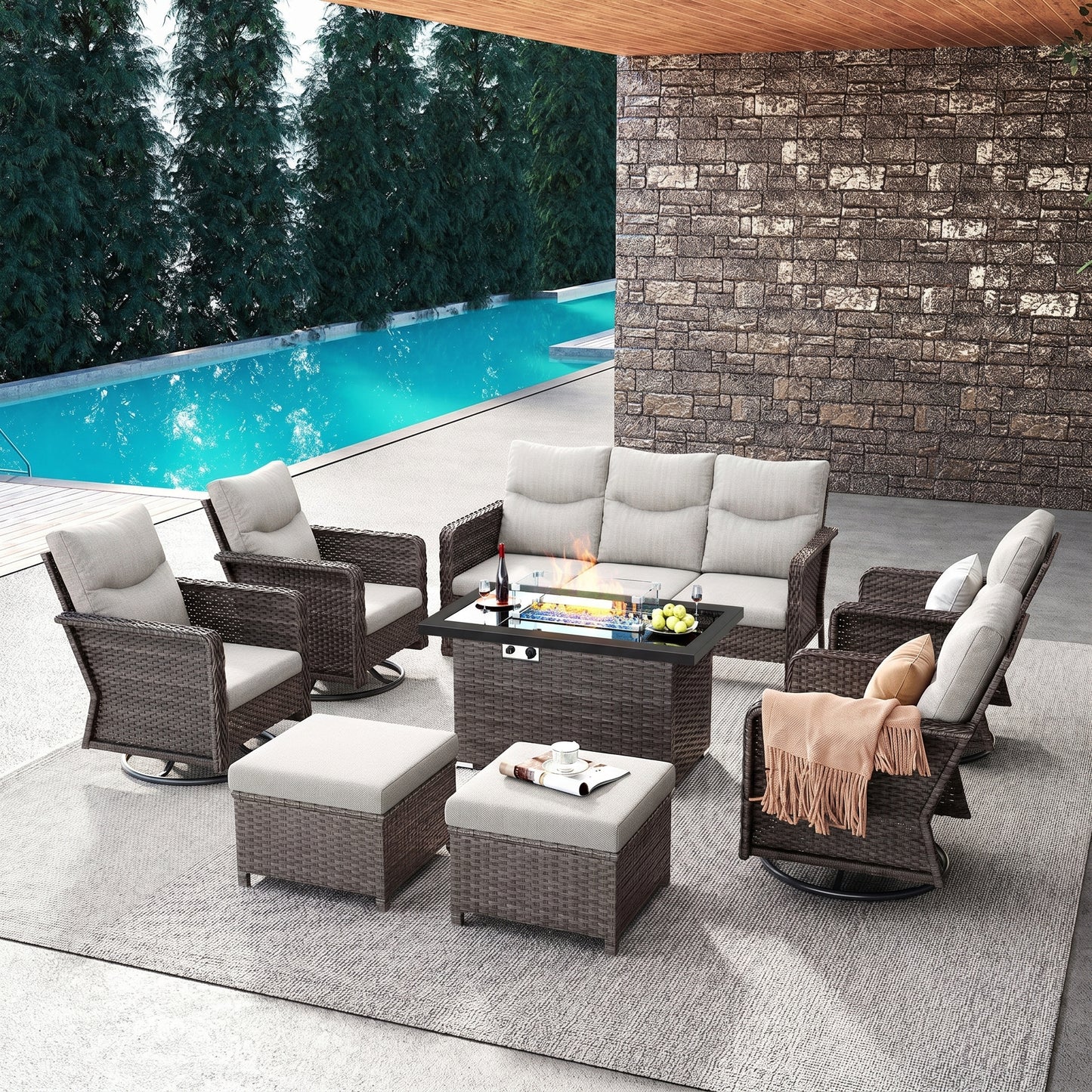 Brafab Patio Furniture Sets with Swivel Chairs and Fire Pit Table Outdoor Conversation Set for Garden