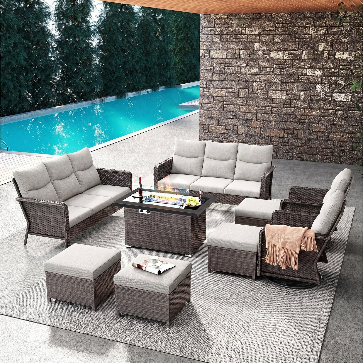 Brafab Patio Furniture Sets with Swivel Chairs and Fire Pit Table Outdoor Conversation Set for Garden