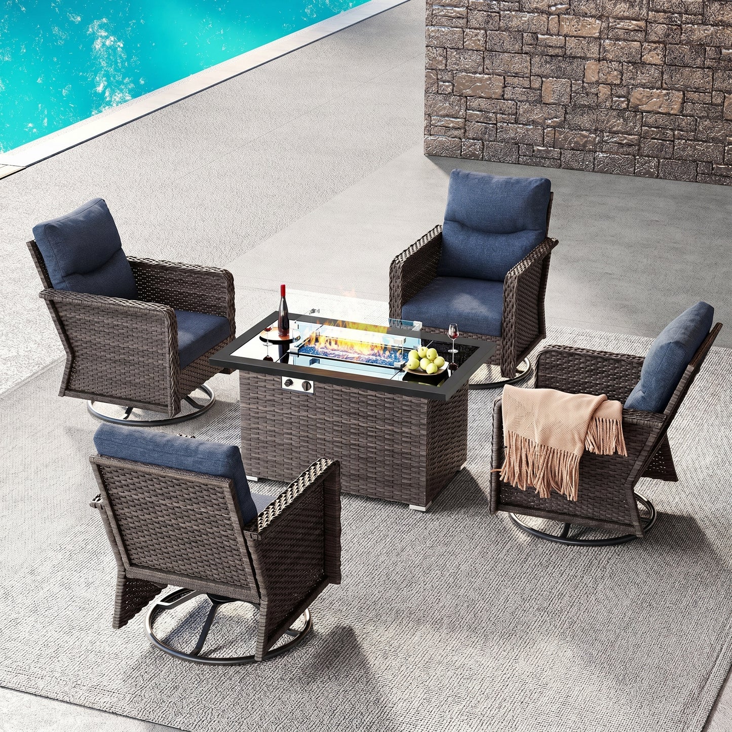 Brafab Patio Furniture Sets with Swivel Chairs and Fire Pit Table Outdoor Conversation Set for Garden