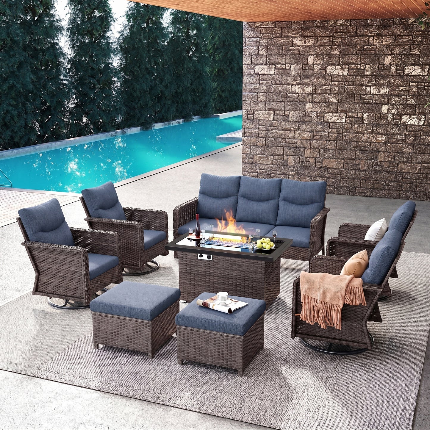 Brafab Patio Furniture Sets with Swivel Chairs and Fire Pit Table Outdoor Conversation Set for Garden