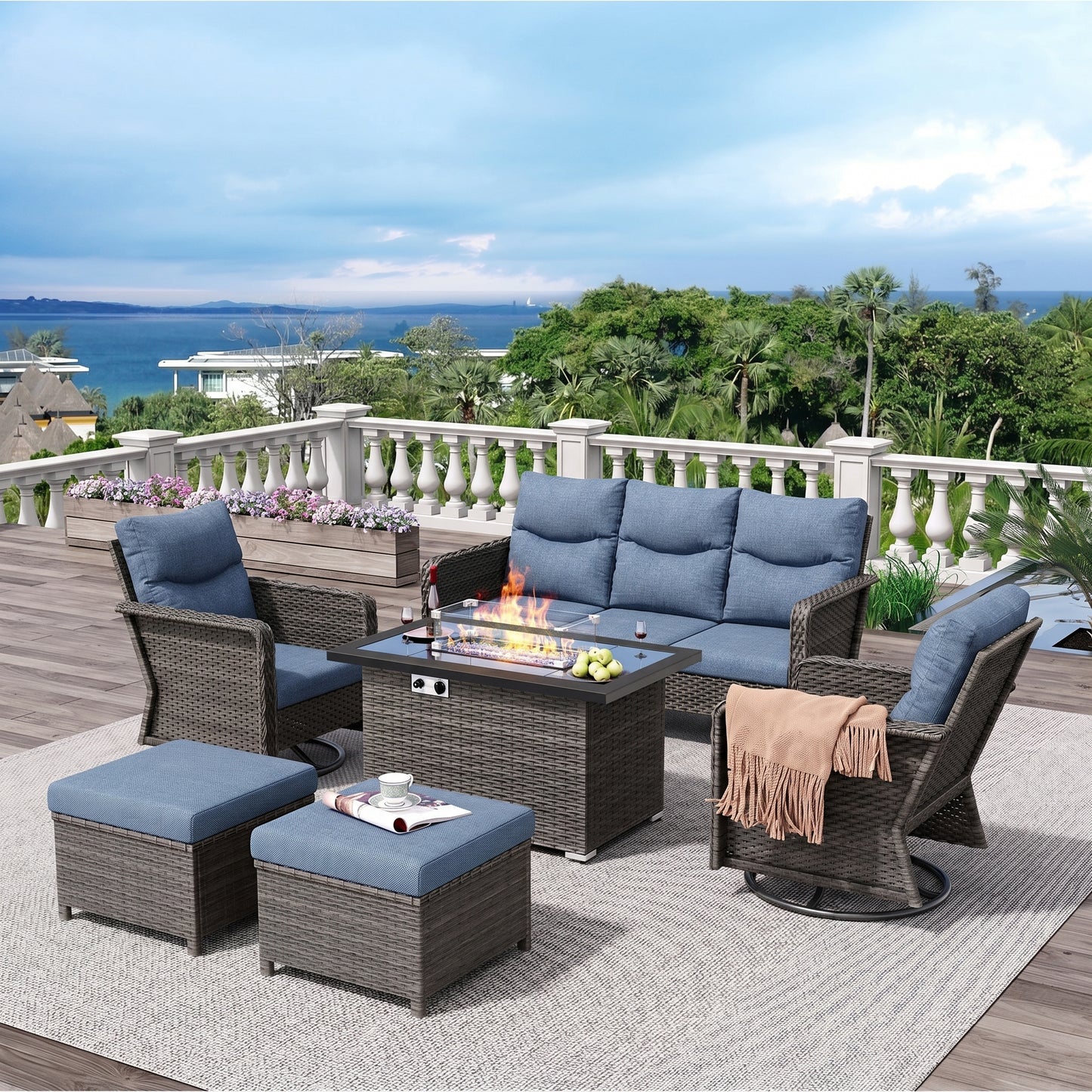 Brafab Patio Furniture Sets with Swivel Chairs and Fire Pit Table Outdoor Conversation Set for Garden