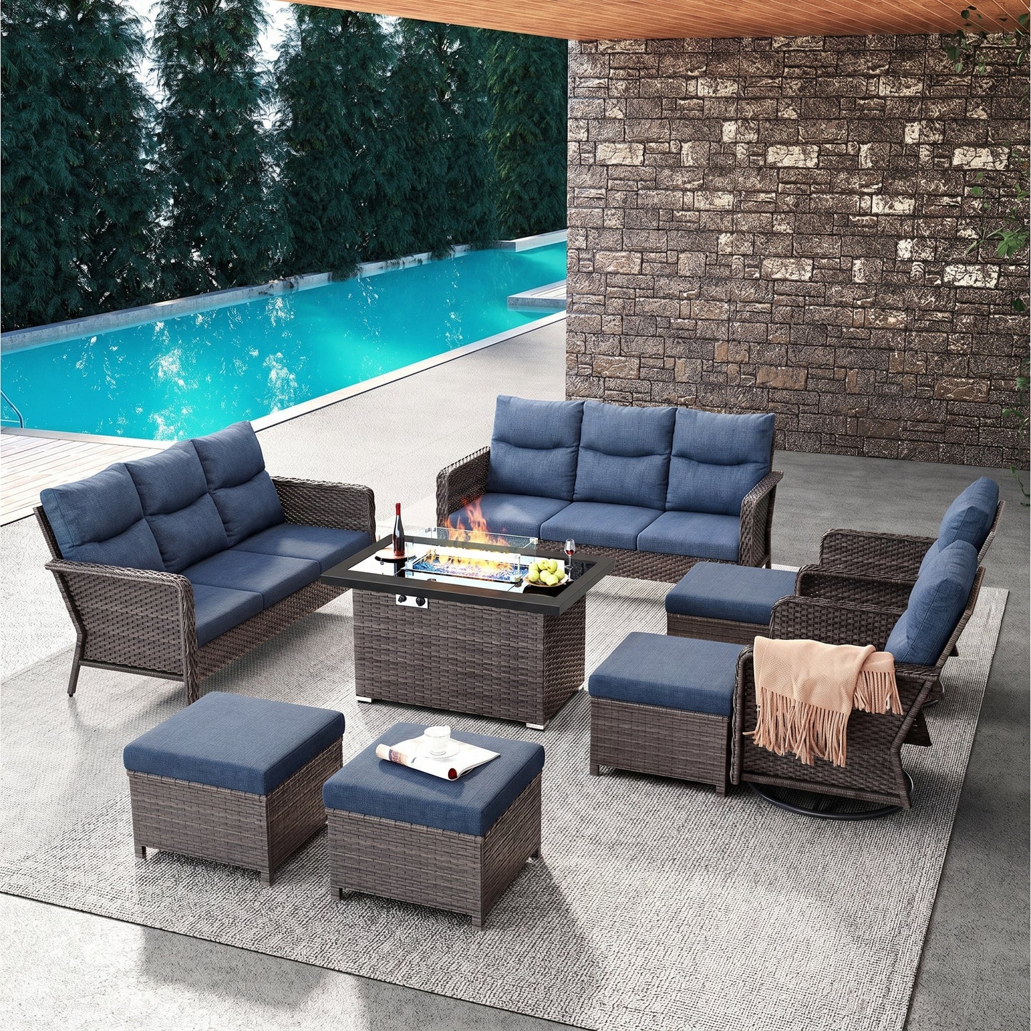 Brafab Patio Furniture Sets with Swivel Chairs and Fire Pit Table Outdoor Conversation Set for Garden