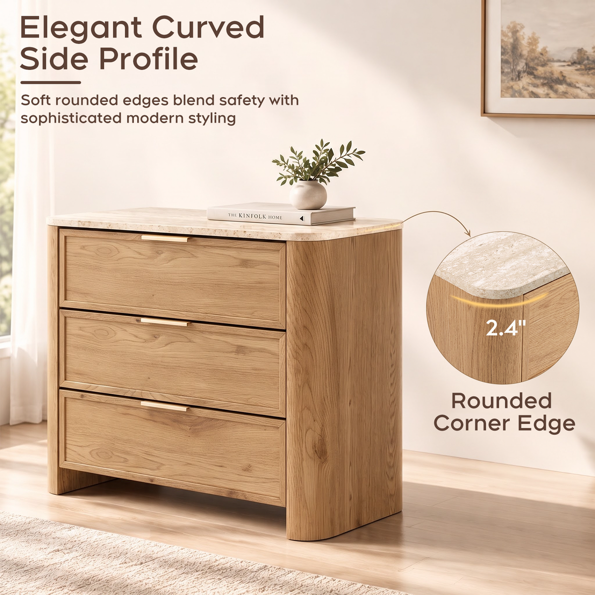 Brafabhome 23'' W Modern Nightstand with 3 Large Drawers, Elegant Marble Top Bedside Table with Soft Curved Edges, suitable for Bedroom or Living Room
