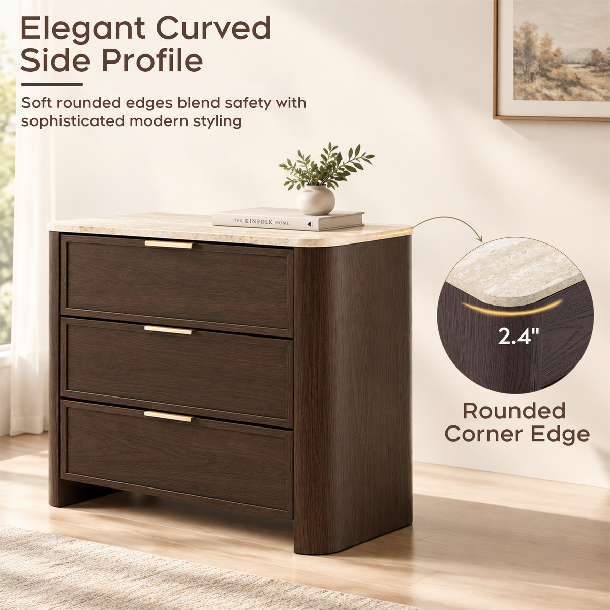 Brafabhome 23'' W Modern Nightstand with 3 Large Drawers, Elegant Marble Top Bedside Table with Soft Curved Edges, suitable for Bedroom or Living Room