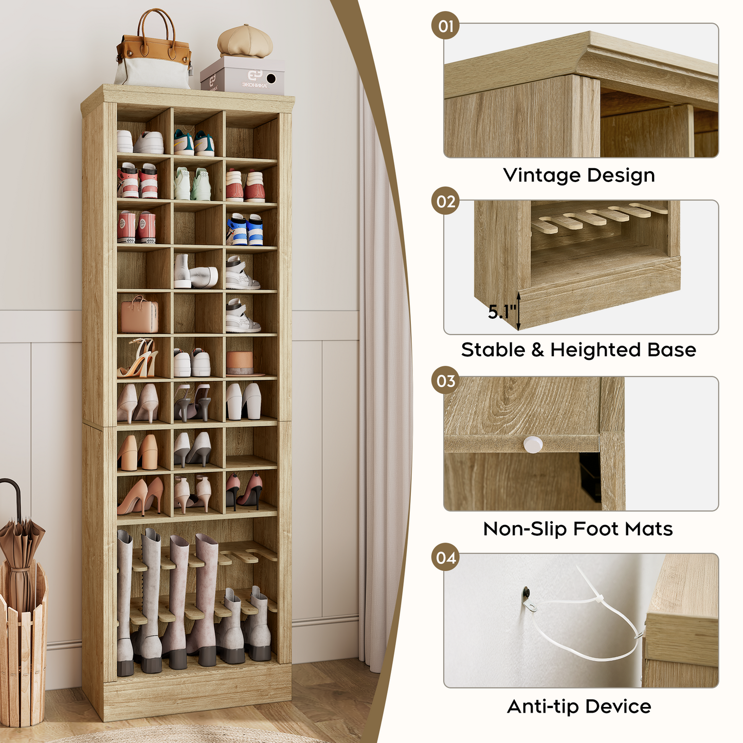 Brafabhome 9-Tier Wood Shoe Storage Cabinet, Holds 30 Pairs, Freestanding 74.9" Tall Shoe Closet Organizer, Handbag Storage Rack for Entryway Bedroom