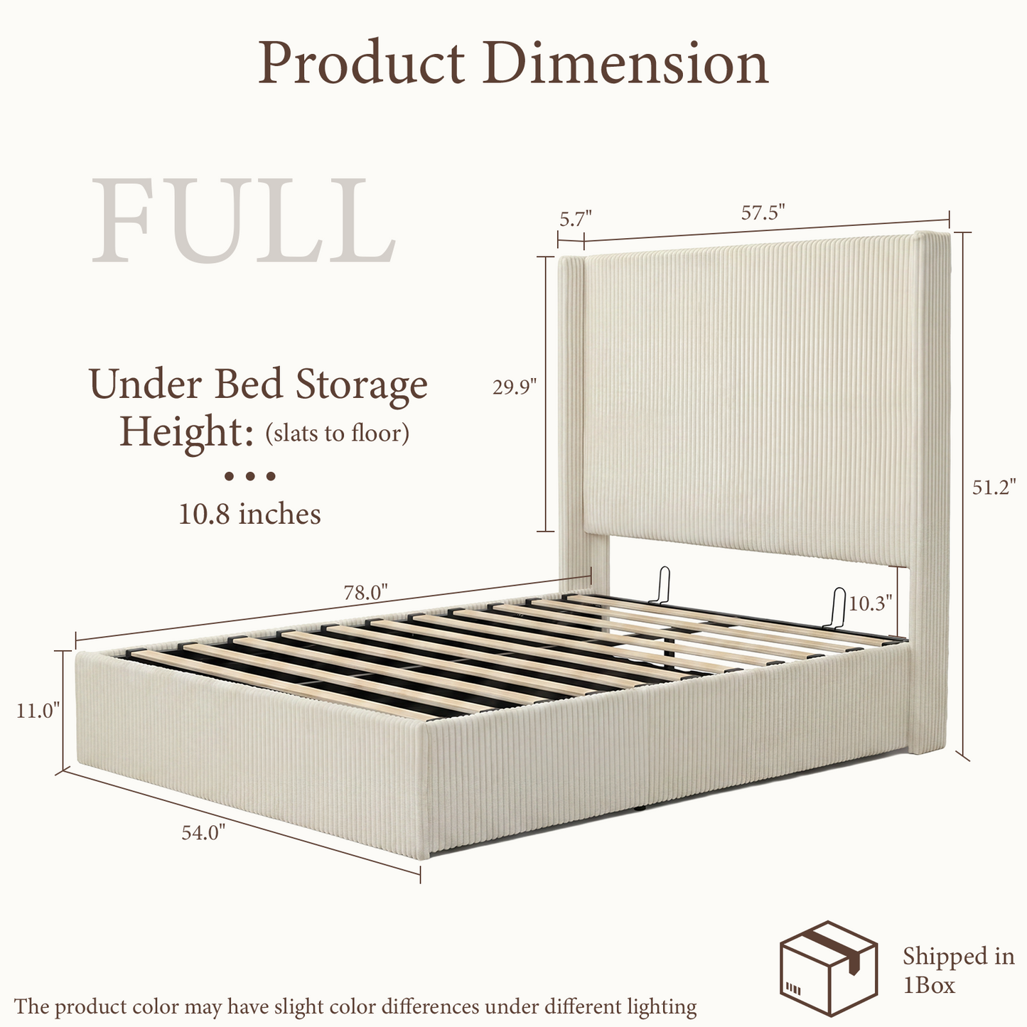 Brafabhome Bed Frame with Lift Up Storage, Corduroy Upholstered Platform Bed with 51.2" Tall Wingback Headboard, No Box Spring Needed | Beige