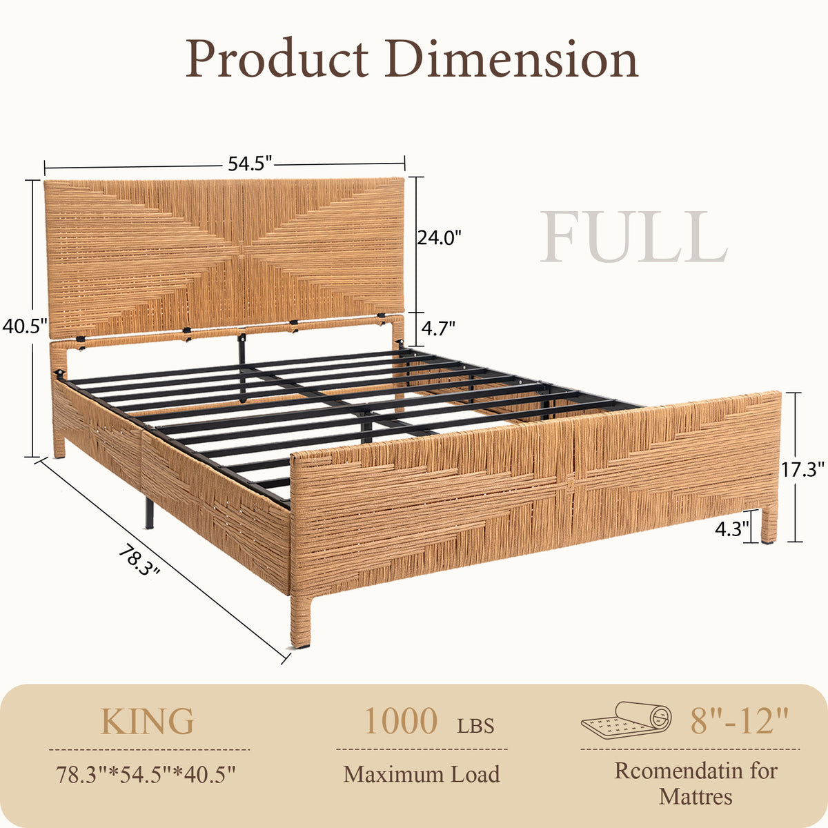 Brafabhome Bed Frame with Headboard and Footboard, Boho 3D Hand-Woven PE Rattan Bed Frame with Metal Slats, No Box Spring Needed, 1000 lbs