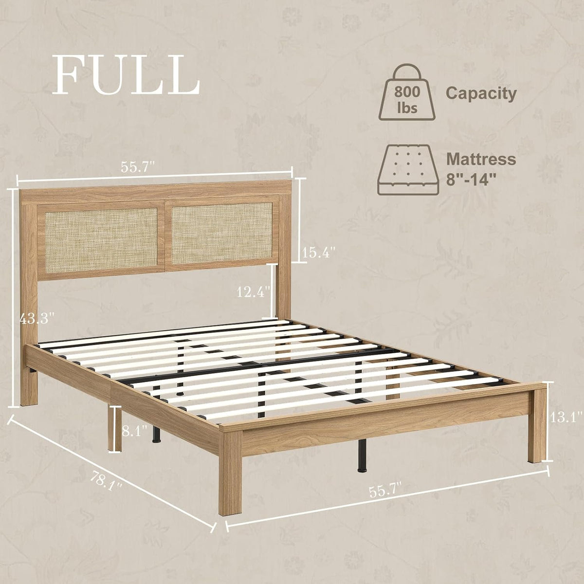 Brafabhome Bed Frame with Rattan Headboard, Wood Bed Frame Modern Platform Bed with Thicken Slats, No Box Spring Needed, 800lbs