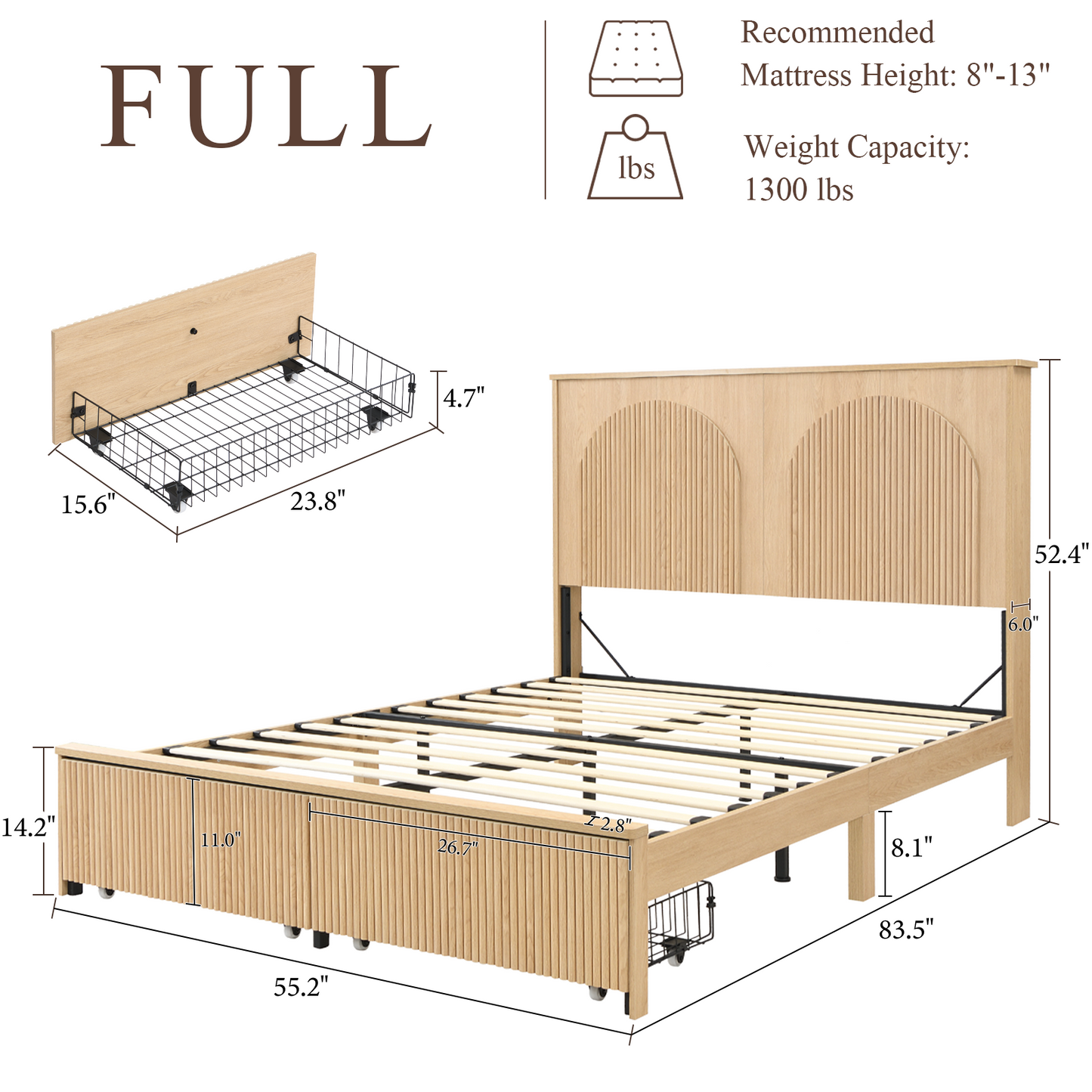 Brafabhome Bed Frame with 52.4" Tall Headboard, Wooden Fluted Bed Frame with 2 Storage Drawers, Modern Arched Reeded Platform Bed, No Box Spring Needed, Natural Oak