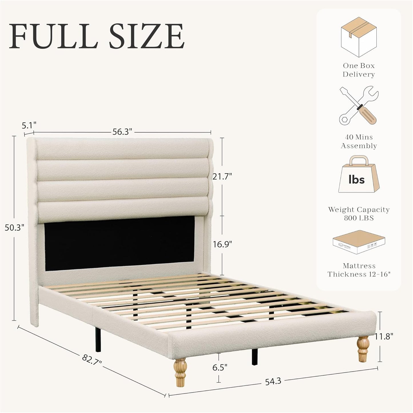 Brafabhome Cloud Bed Frame, Boucle Upholstered Bed Frame with 50" Tall Headboard, Modern Platform Bed Frame with Solid Wood Legs, No Spring Box Needed, 800 LBS | Beige