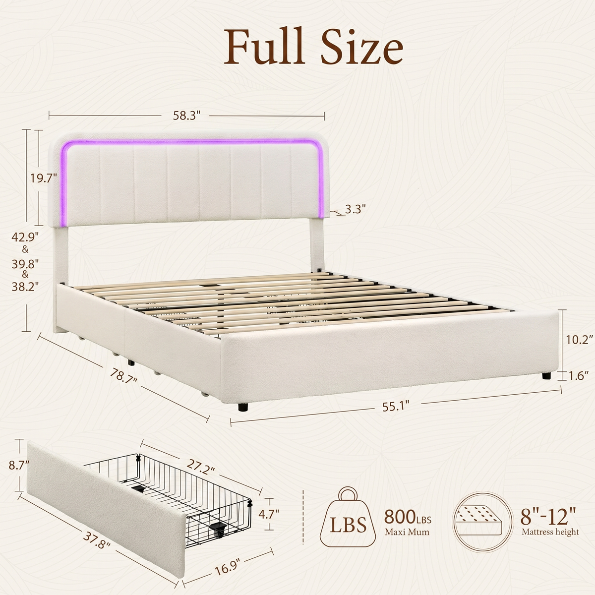 Brafabhome Cloud Bed Frame with Adjustable Height Headboard, Boucle Upholstered Bed Frame with LED Light, Modern Platform Bed with 4 Storage Drawers, No Box Spring Needed, Beige