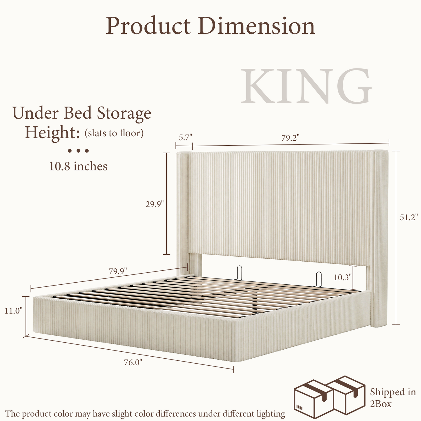Brafabhome Bed Frame with Lift Up Storage, Corduroy Upholstered Platform Bed with 51.2" Tall Wingback Headboard, No Box Spring Needed | Beige