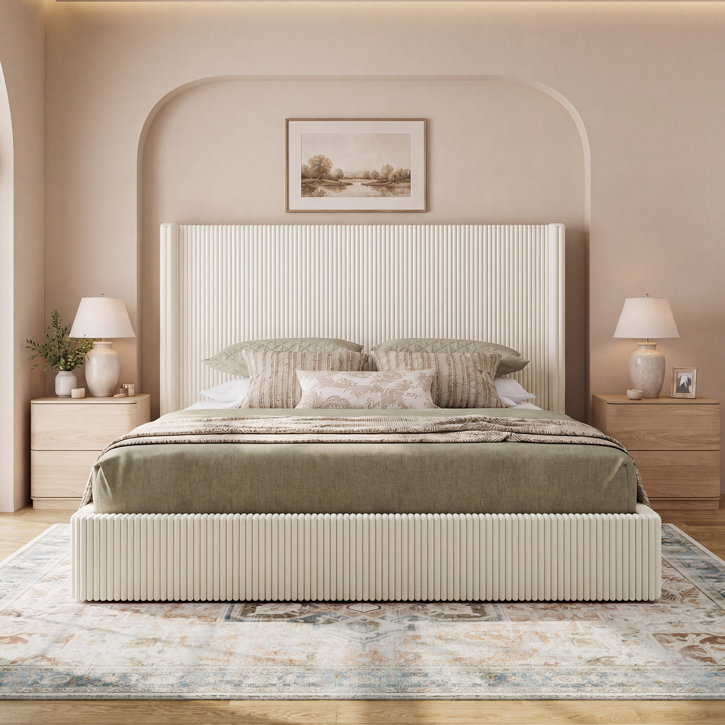 Brafabhome Bed Frame with Lift Up Storage, Corduroy Upholstered Platform Bed with 51.2" Tall Wingback Headboard, No Box Spring Needed | Beige