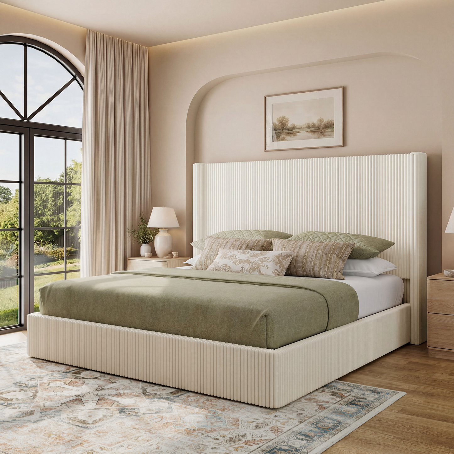 Brafabhome Bed Frame with Lift Up Storage, Corduroy Upholstered Platform Bed with 51.2" Tall Wingback Headboard, No Box Spring Needed | Beige