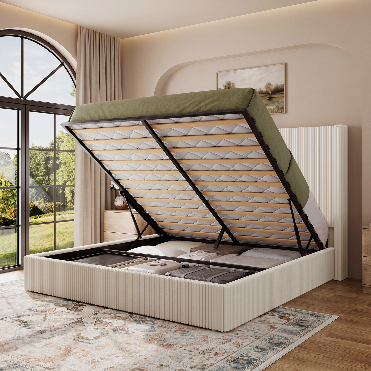 Brafabhome Bed Frame with Lift Up Storage, Corduroy Upholstered Platform Bed with 51.2" Tall Wingback Headboard, No Box Spring Needed | Beige