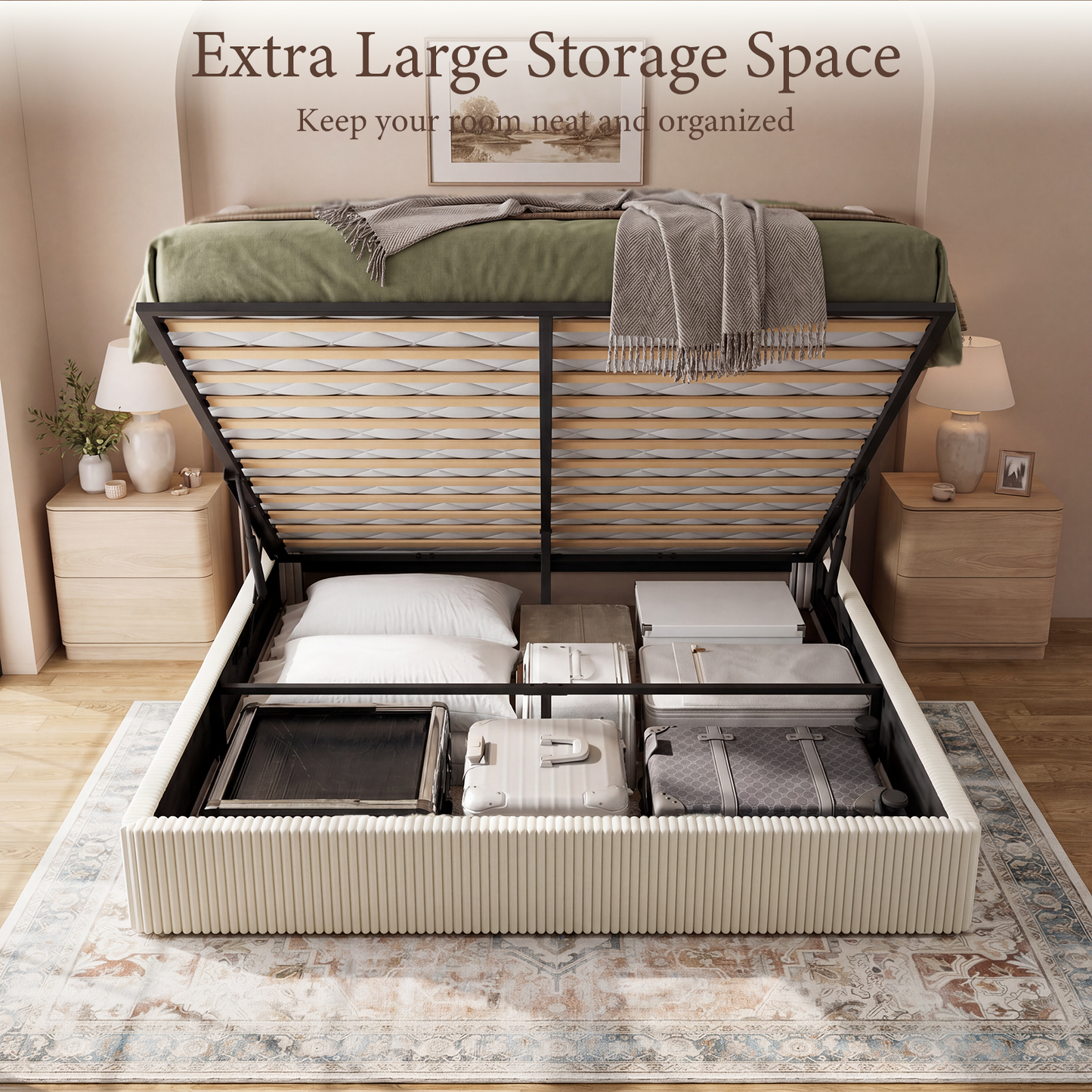 Brafabhome Bed Frame with Lift Up Storage, Corduroy Upholstered Platform Bed with 51.2" Tall Wingback Headboard, No Box Spring Needed | Beige