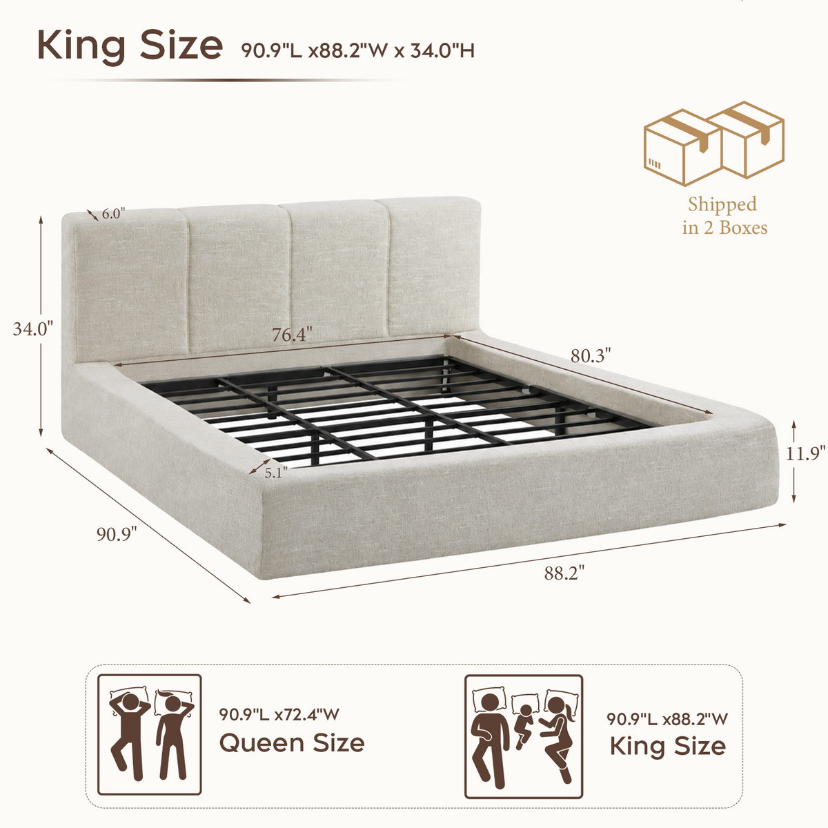 Brafabhome AirFrame Bed Frame with 6" Thick Headboard, Cloud Upholstered Platform Bed Frame with 5.1" Thick Upholstered Foam Frame, No Box Spring Needed, Easy Assembly