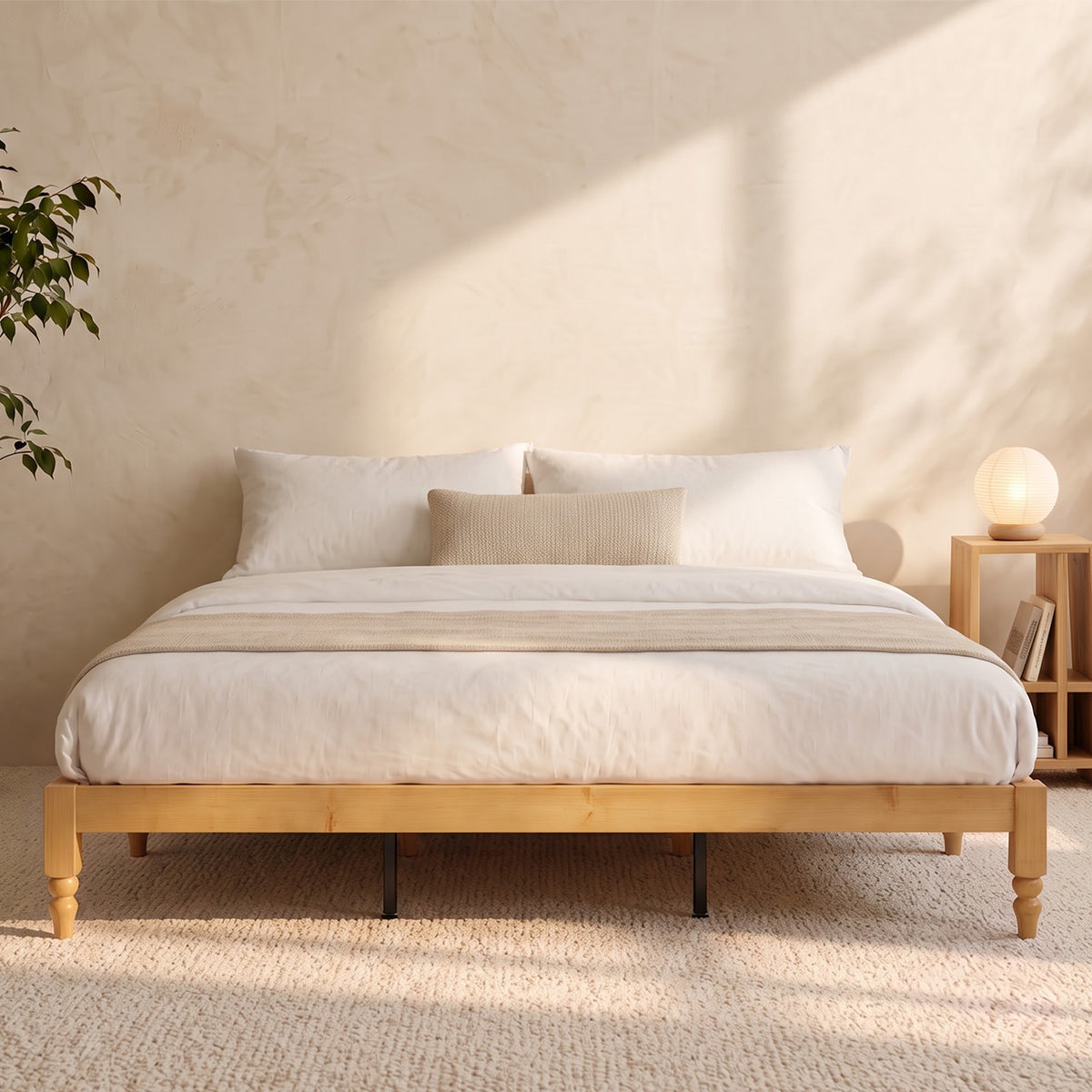 Brafabhome Solid Wood Platform Bed Frame with Turned Legs, Double-Lock Mortise & Tenon Platform Bed with Sturdy Solid Slats, Quiet Sleep, No Box Spring, No-Screw 15-Minute Set Up