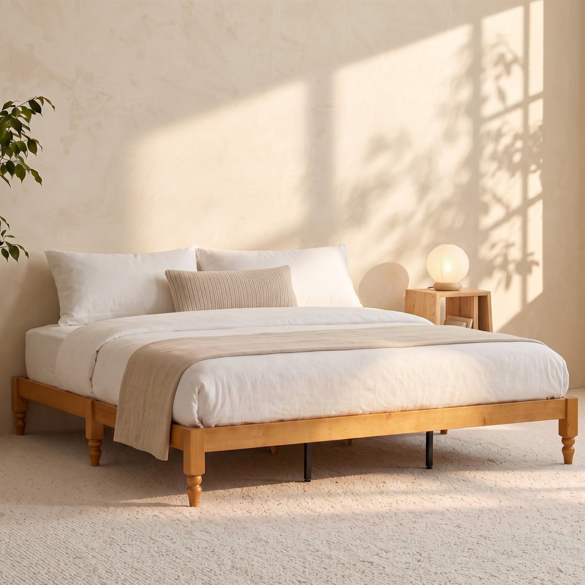 Brafabhome Solid Wood Platform Bed Frame with Turned Legs, Double-Lock Mortise & Tenon Platform Bed with Sturdy Solid Slats, Quiet Sleep, No Box Spring, No-Screw 15-Minute Set Up