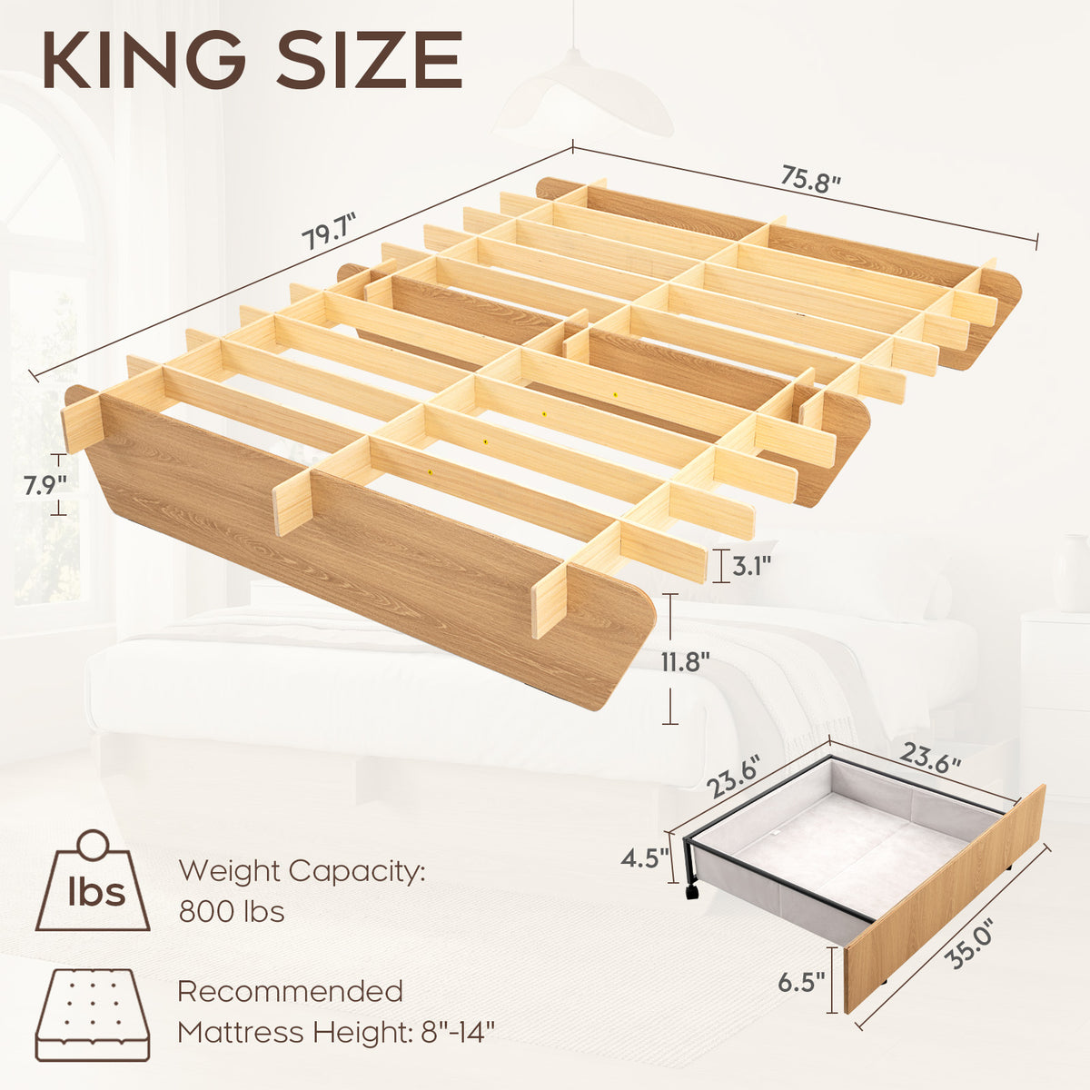 Brafabhome Brich Plywood Bed Frame with Storage Drawers, Modern Joinery Wood Platform with Solid Wood Slat Support, No Box Spring Needed, No-Tool Assembly