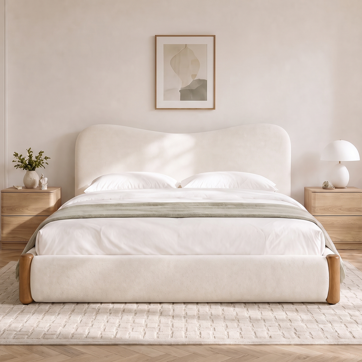 Brafabhome AirFrame Bed Frame with 5.5" Thick Curved Headboard, Modern Cloud Upholstered Platform Bed Frame with Solid Wood Legs, No Box Spring Needed, Easy Assembly | White