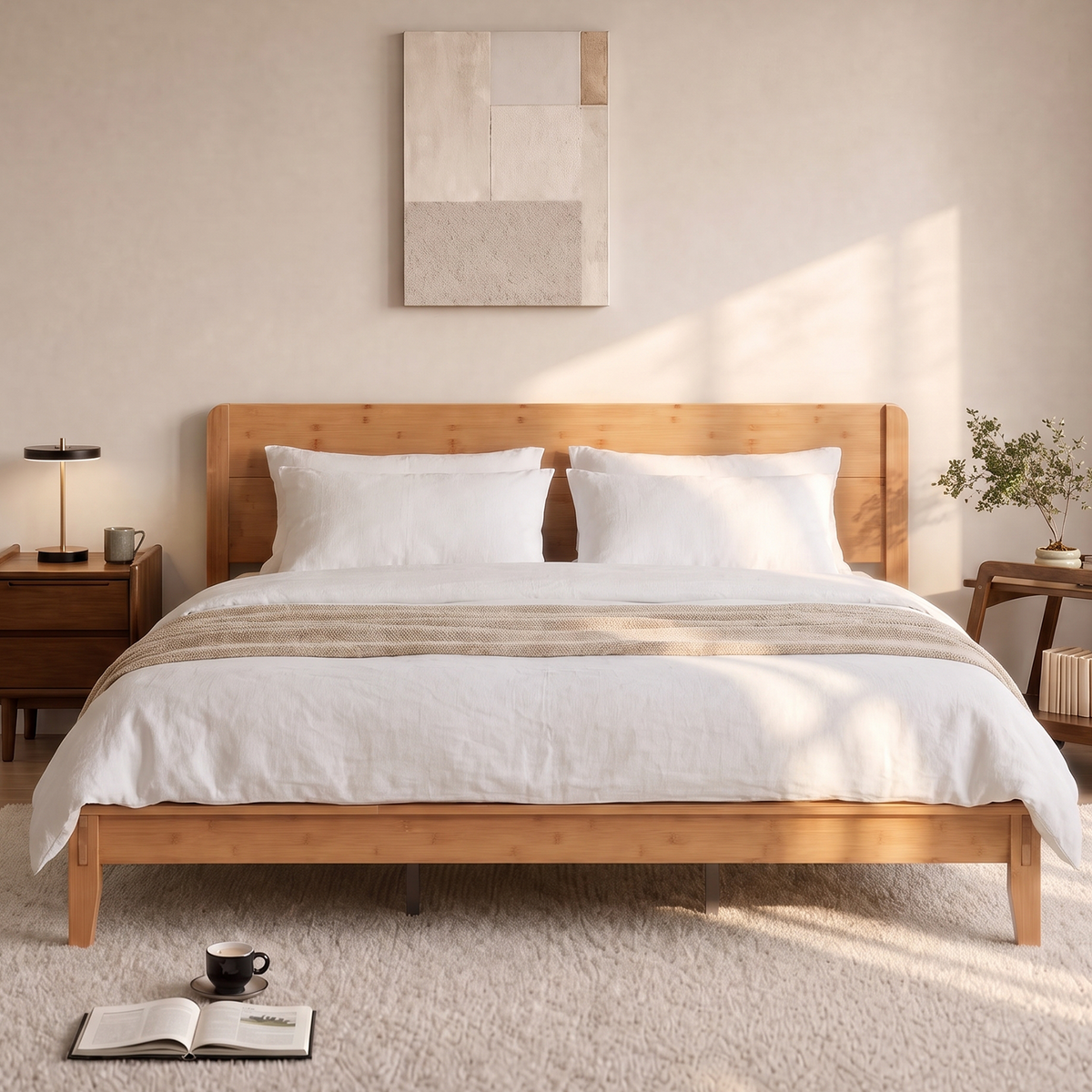 Brafabhome Bamboo Wood Bed Frame with Headboard, Joinery-Inspired Wood Platform Bed Frame, Easy Assembly, No Box Spring Needed