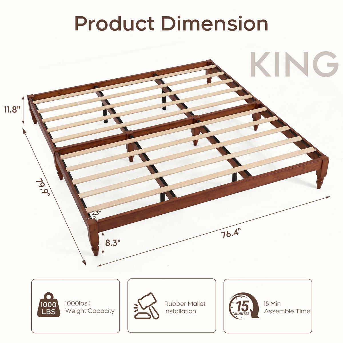 Brafabhome Solid Wood Platform Bed Frame with Turned Legs, Double-Lock Mortise & Tenon Platform Bed with Sturdy Solid Slats, Quiet Sleep, No Box Spring, No-Screw 15-Minute Set Up