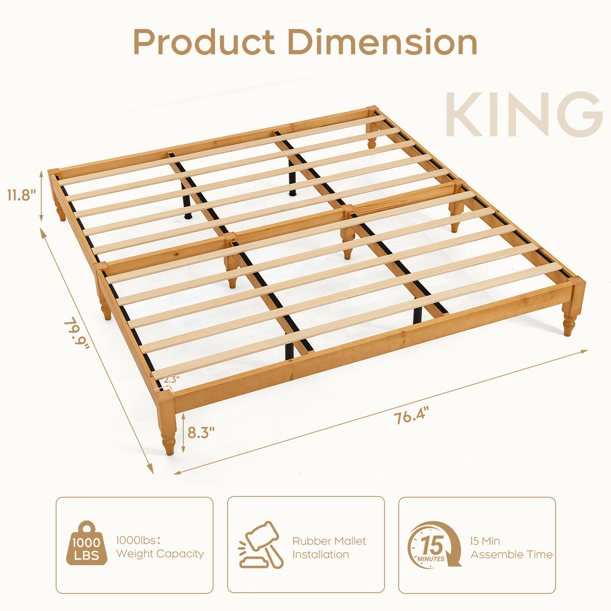 Brafabhome Solid Wood Platform Bed Frame with Turned Legs, Double-Lock Mortise & Tenon Platform Bed with Sturdy Solid Slats, Quiet Sleep, No Box Spring, No-Screw 15-Minute Set Up