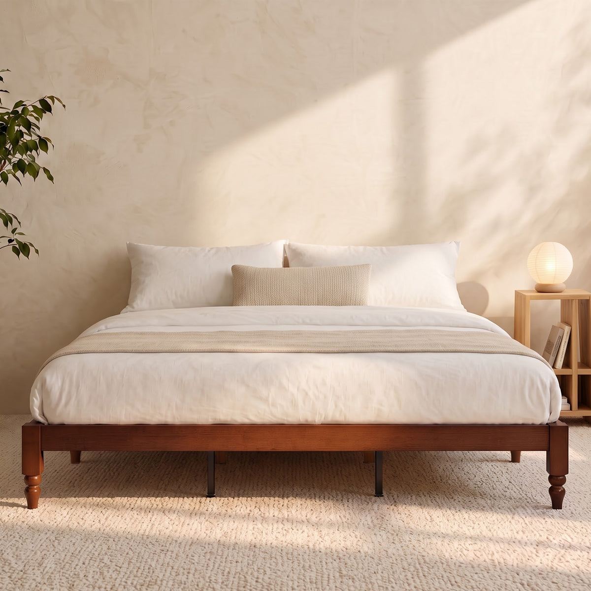 Brafabhome Solid Wood Platform Bed Frame with Turned Legs, Double-Lock Mortise & Tenon Platform Bed with Sturdy Solid Slats, Quiet Sleep, No Box Spring, No-Screw 15-Minute Set Up