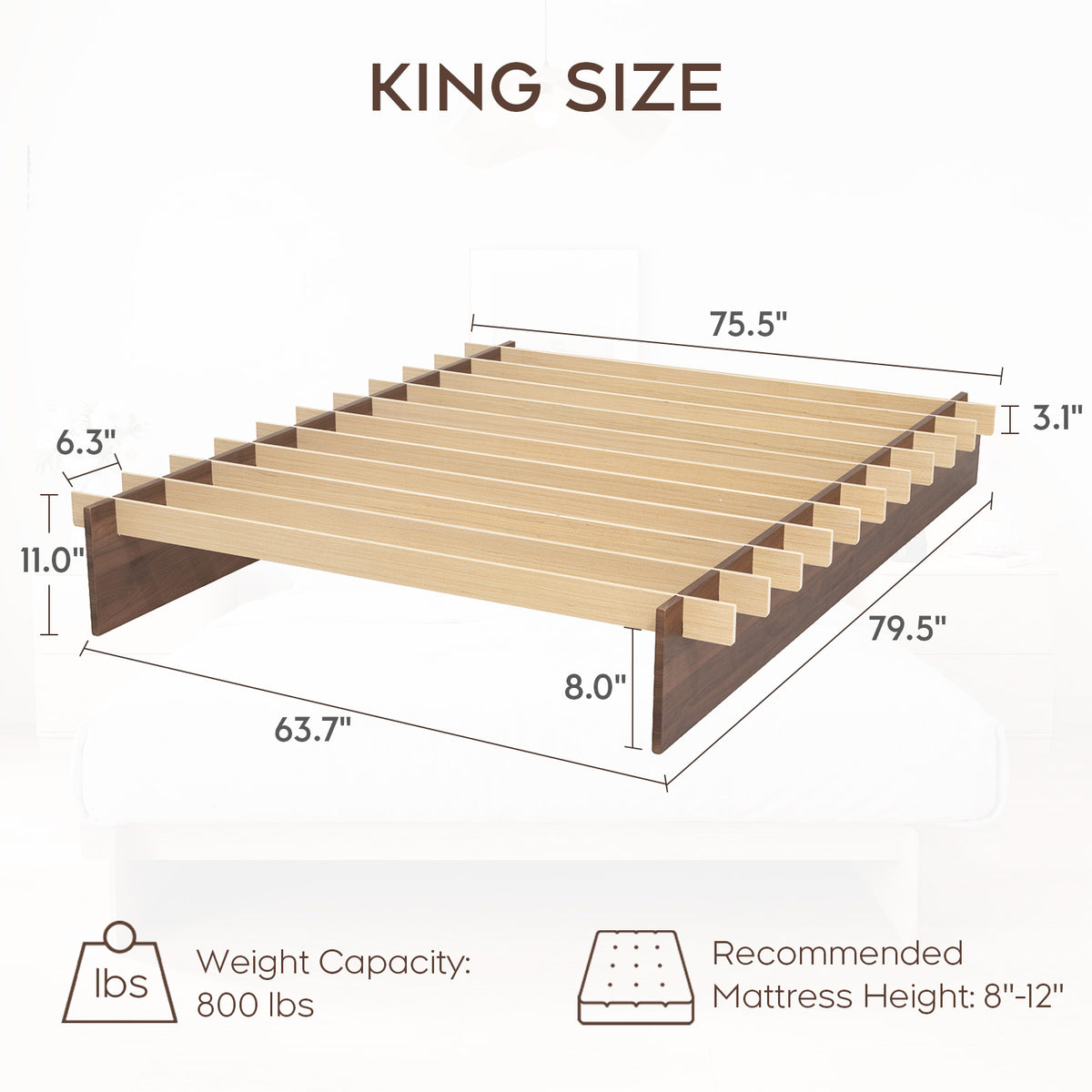 Brafabhome Brich Plywood Queen Bed Frame with Solid Wood Slat Support, Joinery Wood Platform with 8" Under-Bed Storage, No Box Spring Needed, No-Tool Assembly,