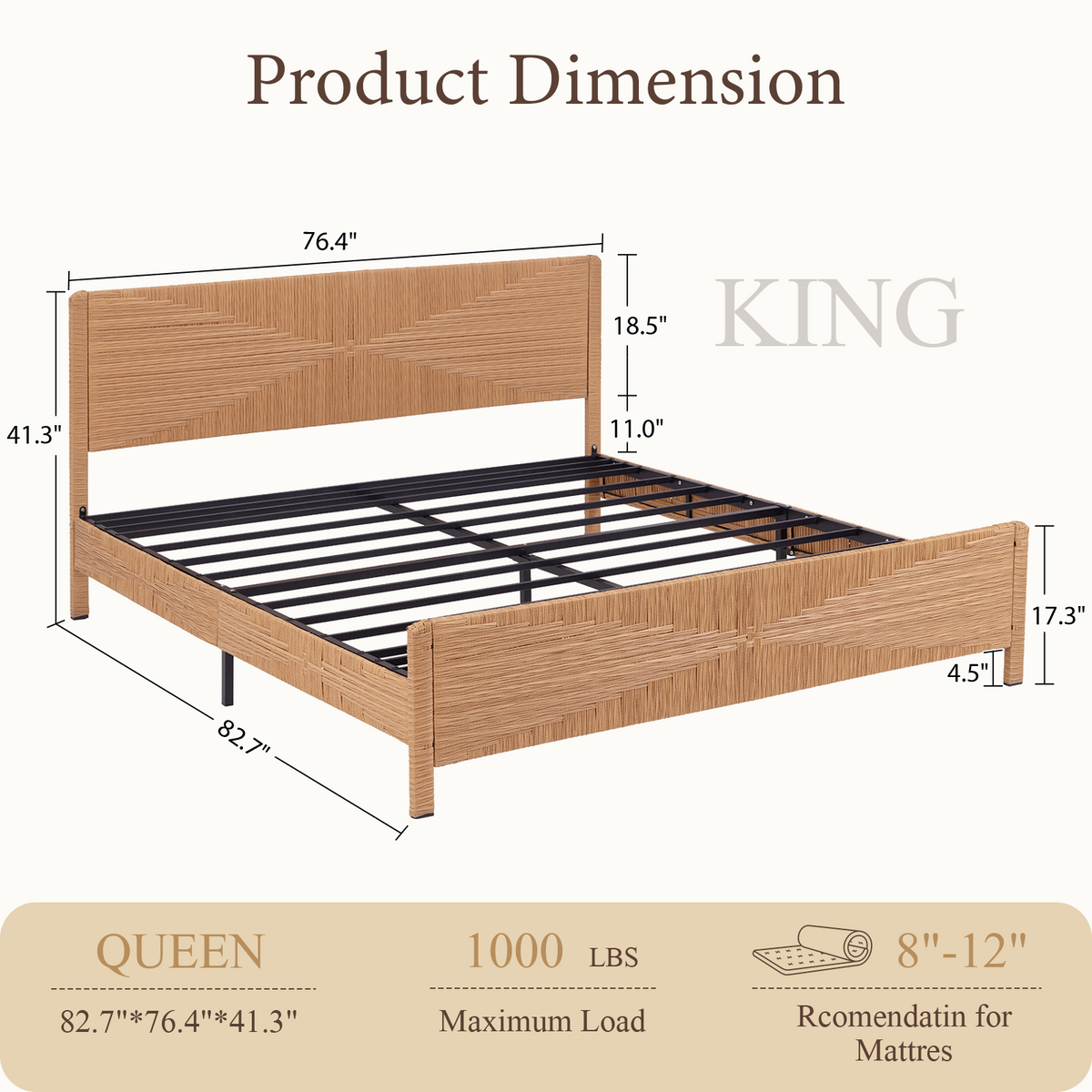 Brafabhome Bed Frame with Headboard and Footboard, Boho 3D Hand-Woven PE Rattan Bed Frame with Metal Slats, No Box Spring Needed, 1000 lbs