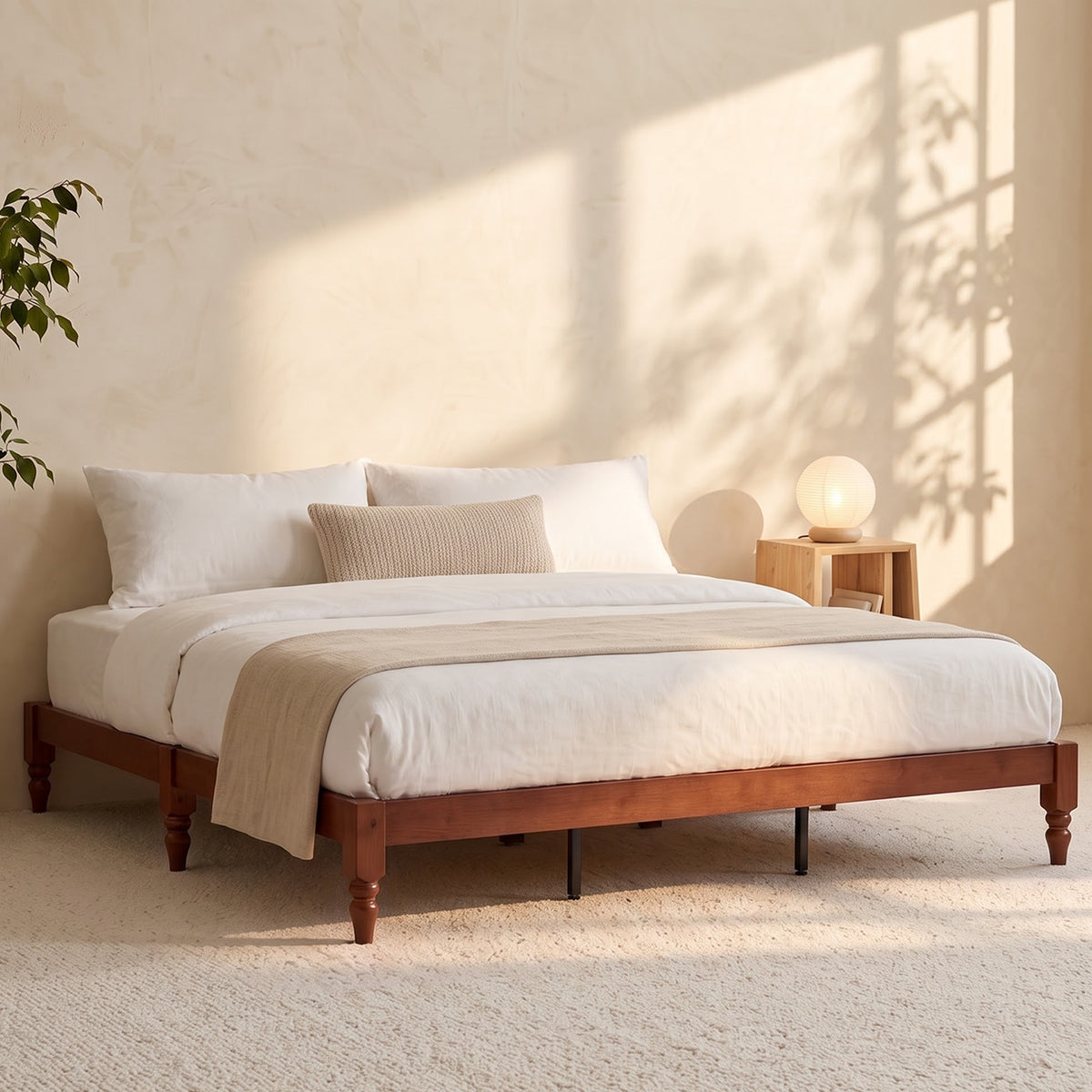 Brafabhome Solid Wood Platform Bed Frame with Turned Legs, Double-Lock Mortise & Tenon Platform Bed with Sturdy Solid Slats, Quiet Sleep, No Box Spring, No-Screw 15-Minute Set Up