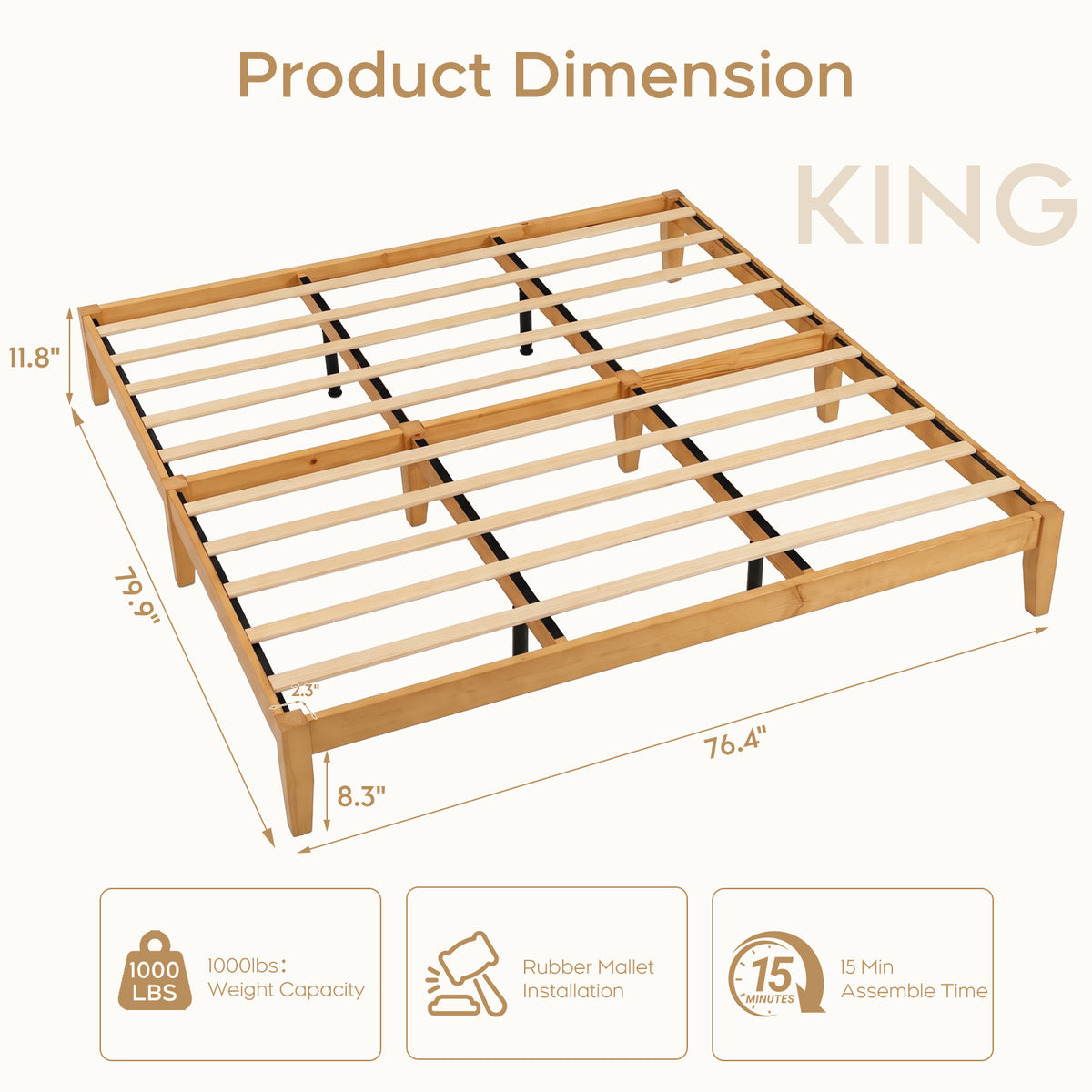 Brafabhome Solid Wood Platform Bed Frame, Double-Lock Mortise & Tenon Platform Bed with Sturdy Solid Slats, Quiet Sleep, No Box Spring, No-Screw 15-Minute Set Up