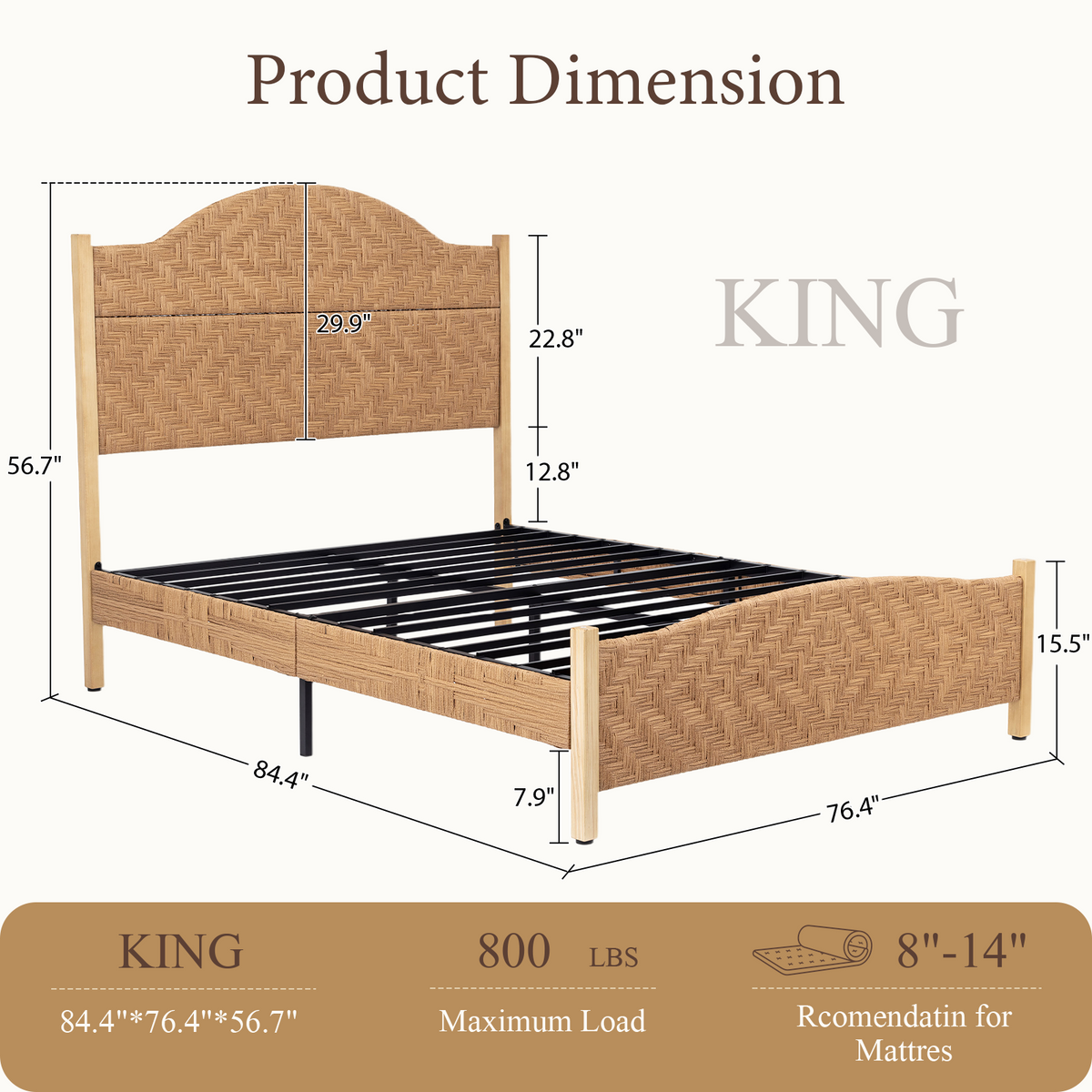 Brafabhome Bed Frame with Tall Headboard, Bohemian Hand-Woven PE Rattan Bedframe with Solid Wood Legs, No Box Spring Needed, 800lbs
