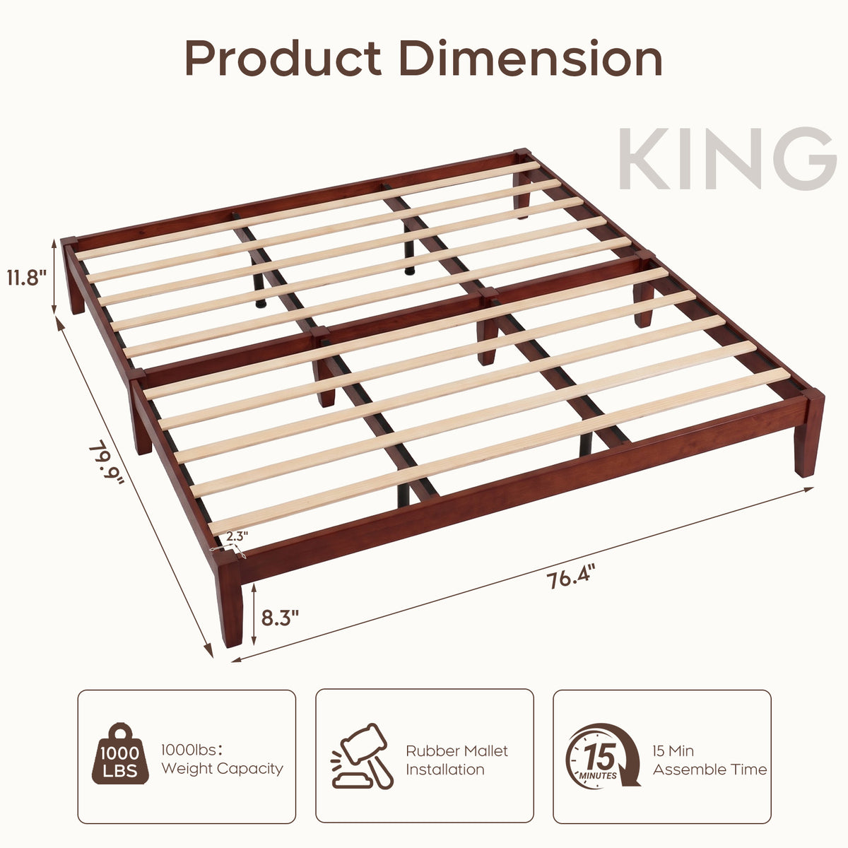 Brafabhome Solid Wood Platform Bed Frame, Double-Lock Mortise & Tenon Platform Bed with Sturdy Solid Slats, Quiet Sleep, No Box Spring, No-Screw 15-Minute Set Up