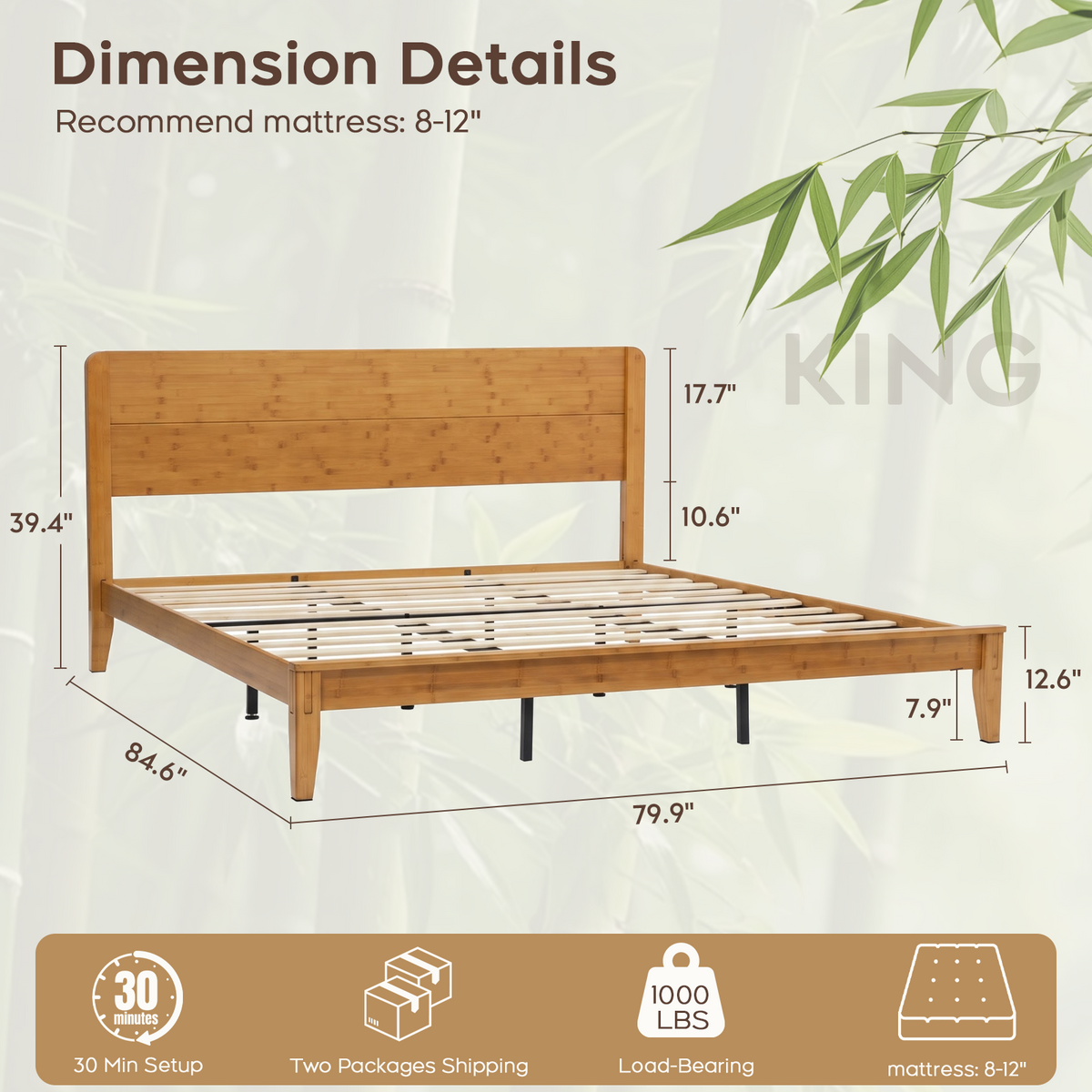 Brafabhome Bamboo Wood Bed Frame with Headboard, Joinery-Inspired Wood Platform Bed Frame, Easy Assembly, No Box Spring Needed