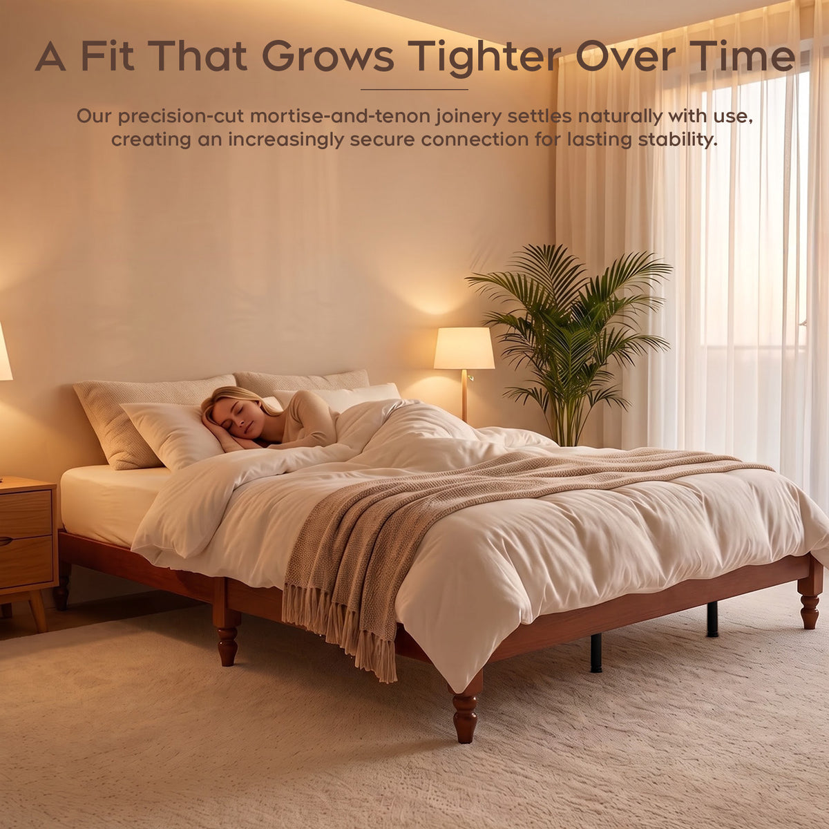 Brafabhome Solid Wood Platform Bed Frame with Turned Legs, Double-Lock Mortise & Tenon Platform Bed with Sturdy Solid Slats, Quiet Sleep, No Box Spring, No-Screw 15-Minute Set Up
