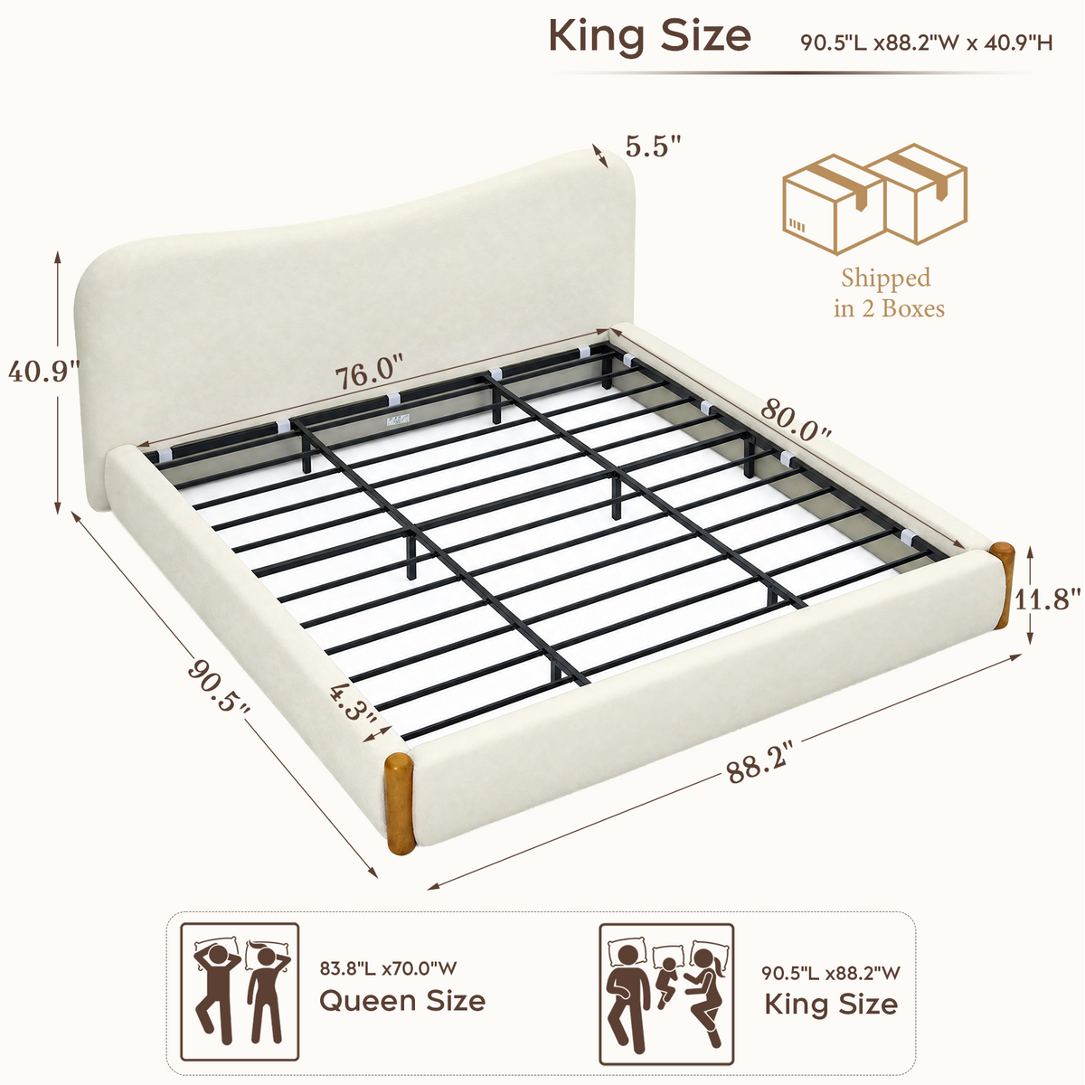 Brafabhome AirFrame Bed Frame with 5.5" Thick Curved Headboard, Modern Cloud Upholstered Platform Bed Frame with Solid Wood Legs, No Box Spring Needed, Easy Assembly | White