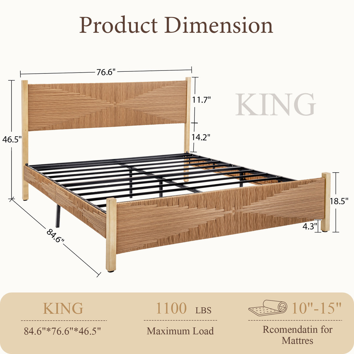 Brafabhome Solid Wood Bed Frame with Tall Headboard, Boho 3D Hand-Woven PE Rattan Bed Frame with Metal Slats, No Box Spring Needed, 1000 lbs
