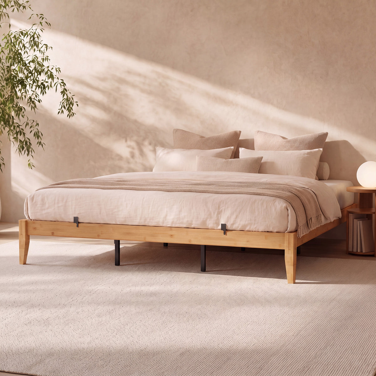 Brafabhome Bamboo Platform Bed Frame with Sturdy Support Legs, Joinery Bed Frame with Noise Free Solid Wood Slats, 4 Mattress Stoppers, No Box Spring Needed, Easy Assembly