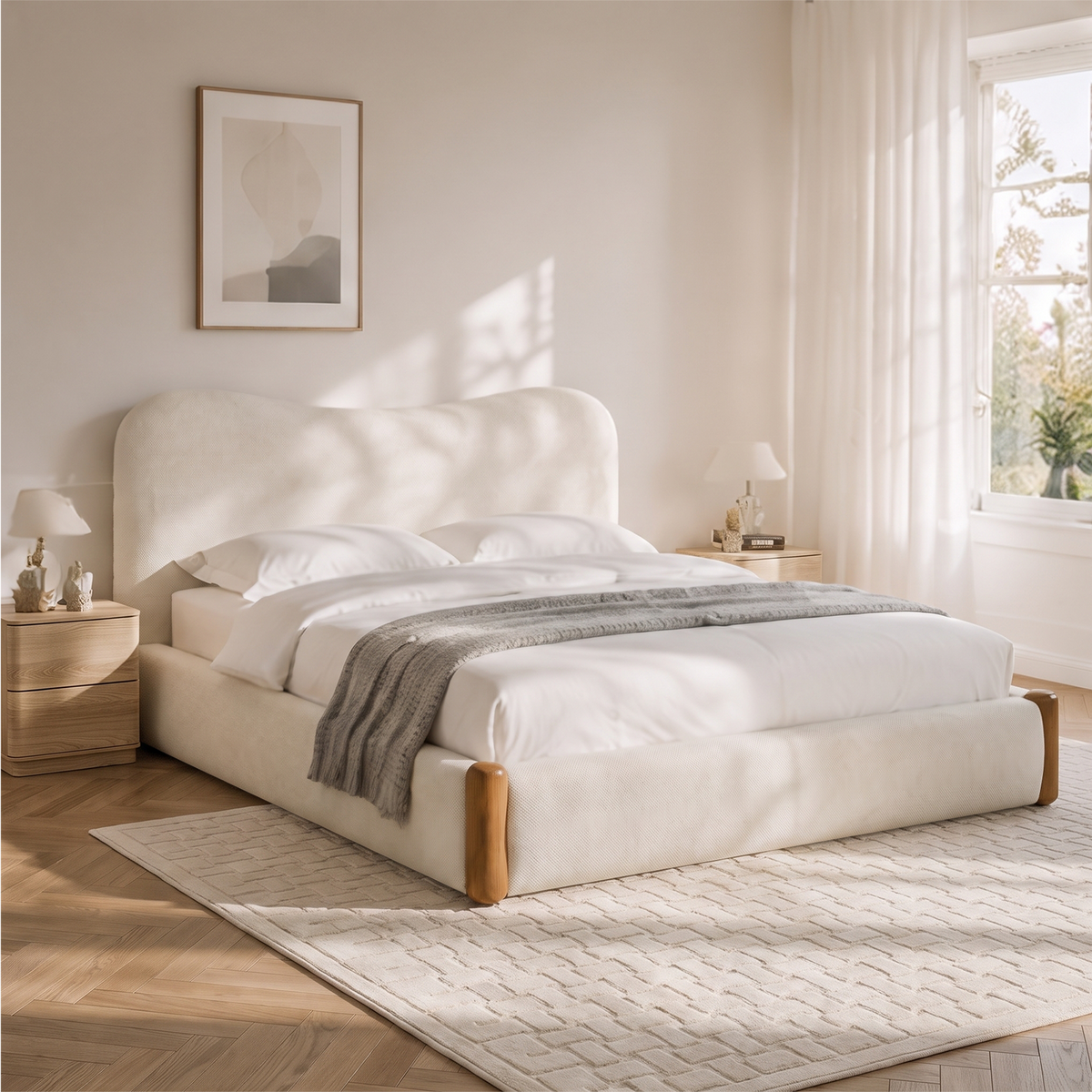 Brafabhome AirFrame Bed Frame with 5.5" Thick Curved Headboard, Modern Cloud Upholstered Platform Bed Frame with Solid Wood Legs, No Box Spring Needed, Easy Assembly | White