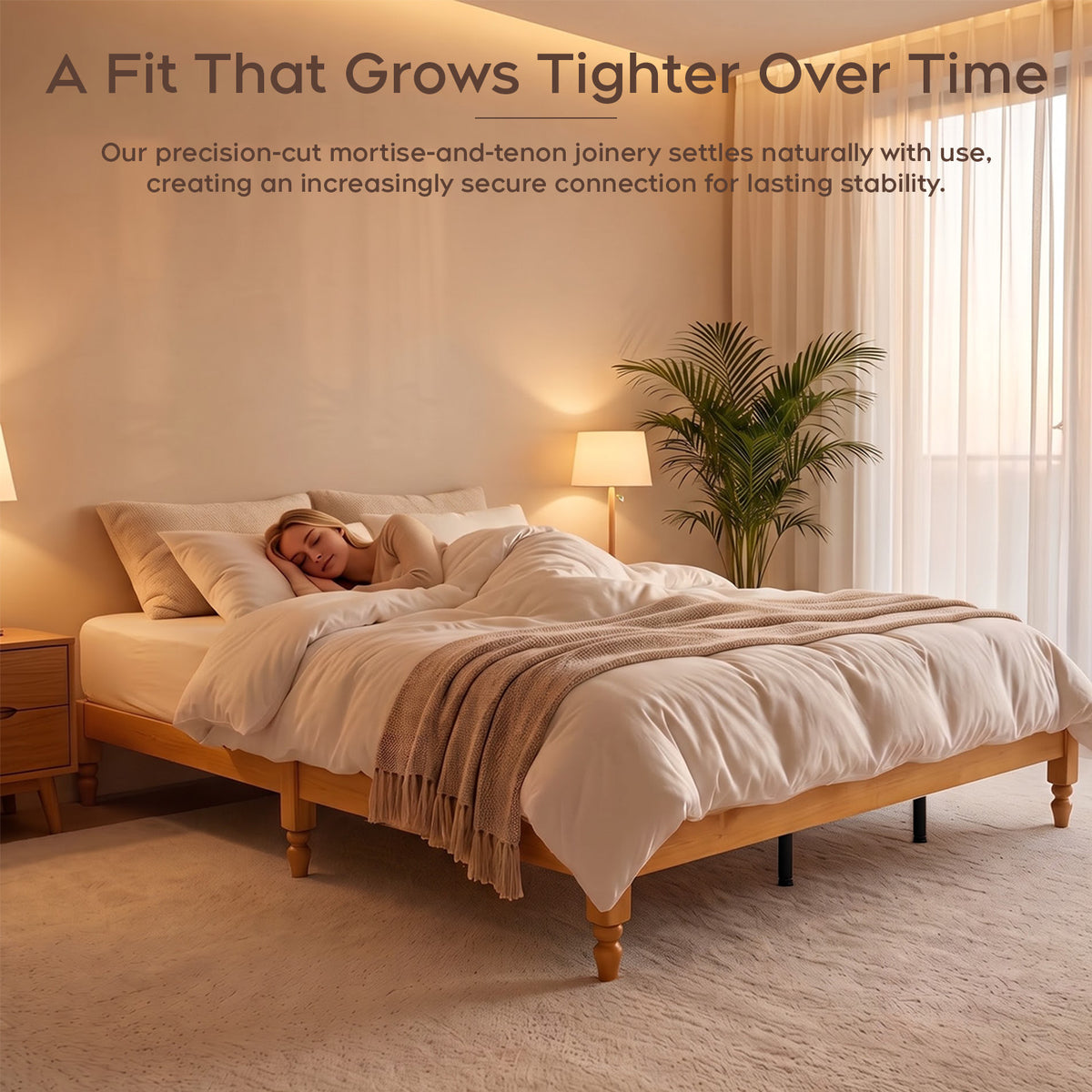 Brafabhome Solid Wood Platform Bed Frame with Turned Legs, Double-Lock Mortise & Tenon Platform Bed with Sturdy Solid Slats, Quiet Sleep, No Box Spring, No-Screw 15-Minute Set Up