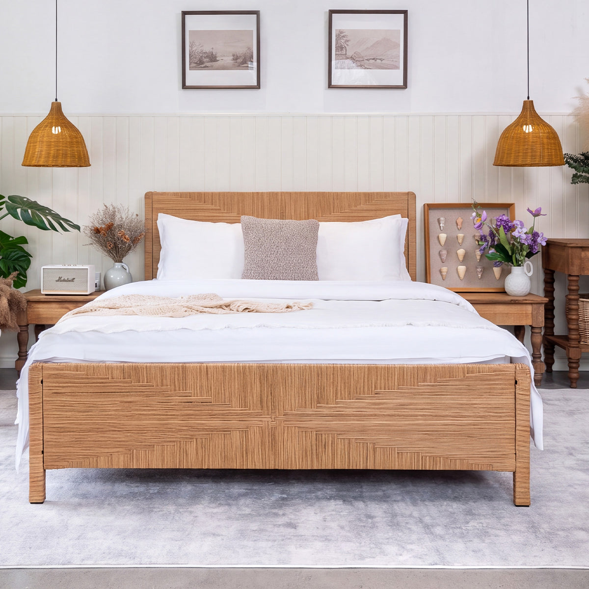 Brafabhome Bed Frame with Headboard and Footboard, Boho 3D Hand-Woven PE Rattan Bed Frame with Metal Slats, No Box Spring Needed, 1000 lbs