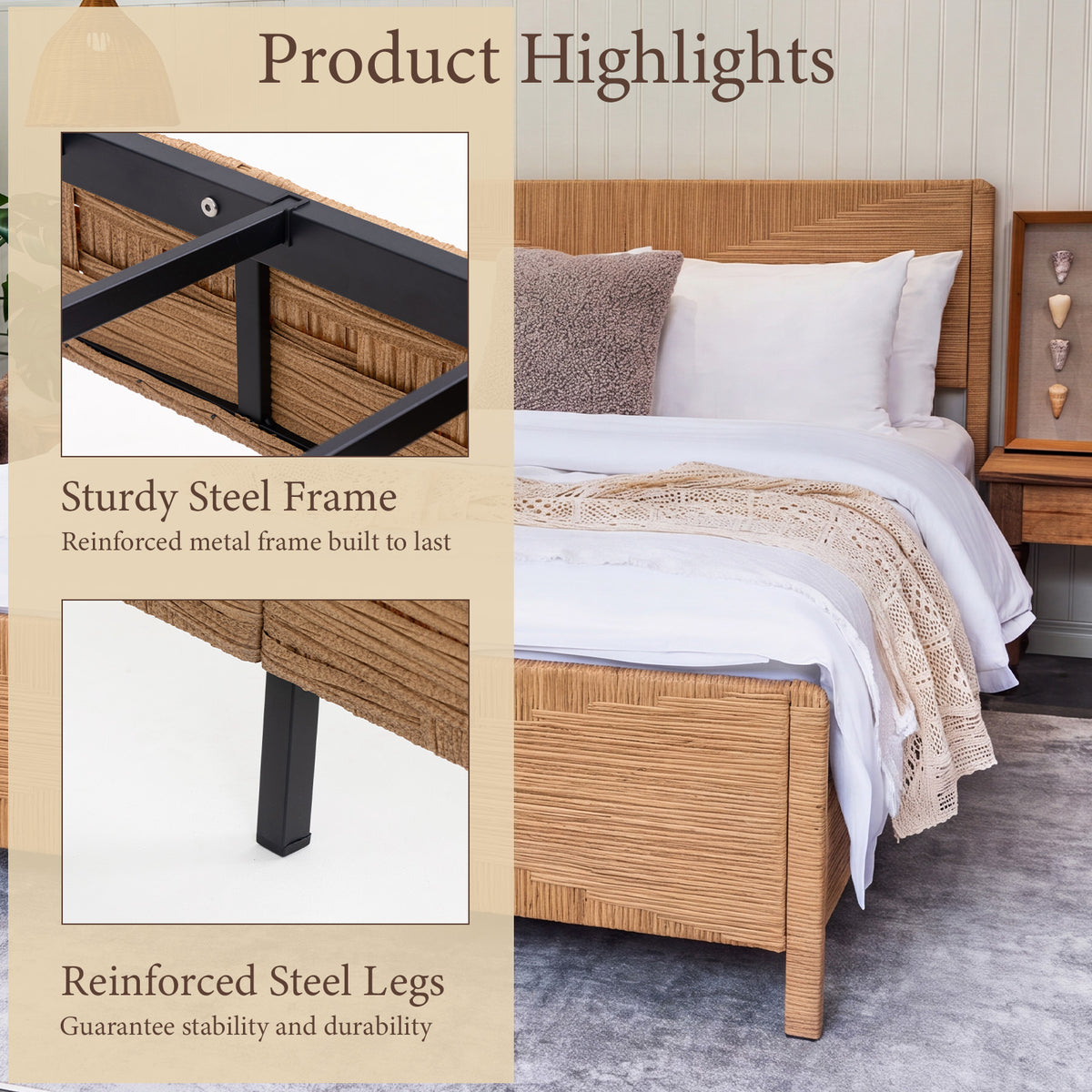 Brafabhome Bed Frame with Headboard and Footboard, Boho 3D Hand-Woven PE Rattan Bed Frame with Metal Slats, No Box Spring Needed, 1000 lbs
