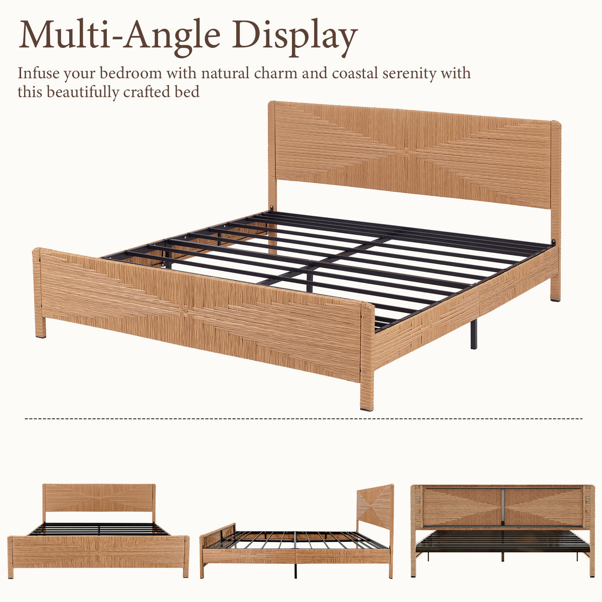 Brafabhome Bed Frame with Headboard and Footboard, Boho 3D Hand-Woven PE Rattan Bed Frame with Metal Slats, No Box Spring Needed, 1000 lbs