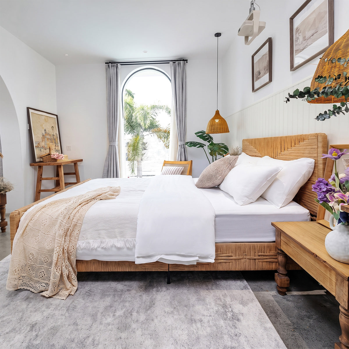 Brafabhome Bed Frame with Headboard and Footboard, Boho 3D Hand-Woven PE Rattan Bed Frame with Metal Slats, No Box Spring Needed, 1000 lbs